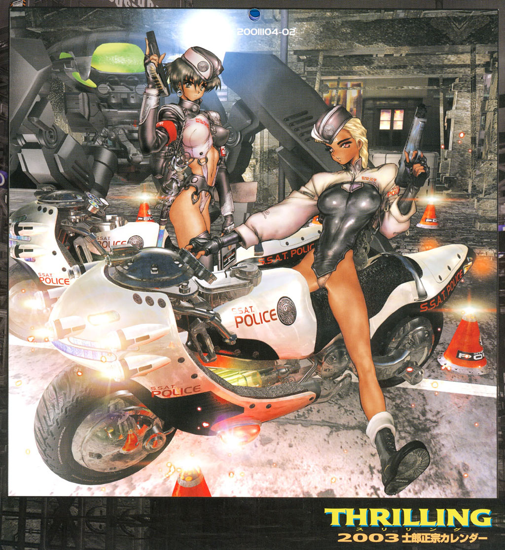 shirou masamune, vehicle, 2girls, army, beret, blonde hair, gun, hat, looking at viewer, motor vehicle, motorcycle, multiple girls, police, police motorcycle, robot, short hair, weapon