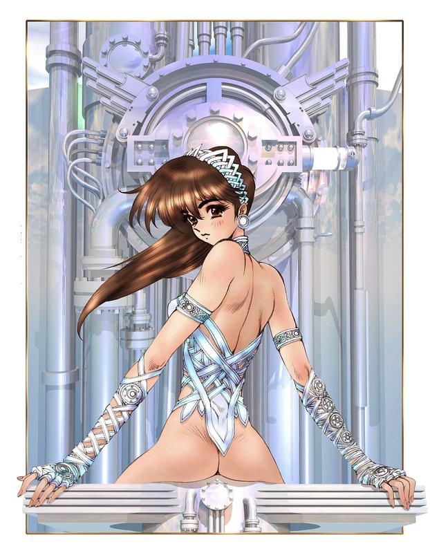 shirou masamune, 1girl, armband, ass, back, blush, bottomless, brown hair, earrings, elbow gloves, female focus, fingerless gloves, from behind, gloves, hairband, jewelry, long hair, looking back, sitting, solo