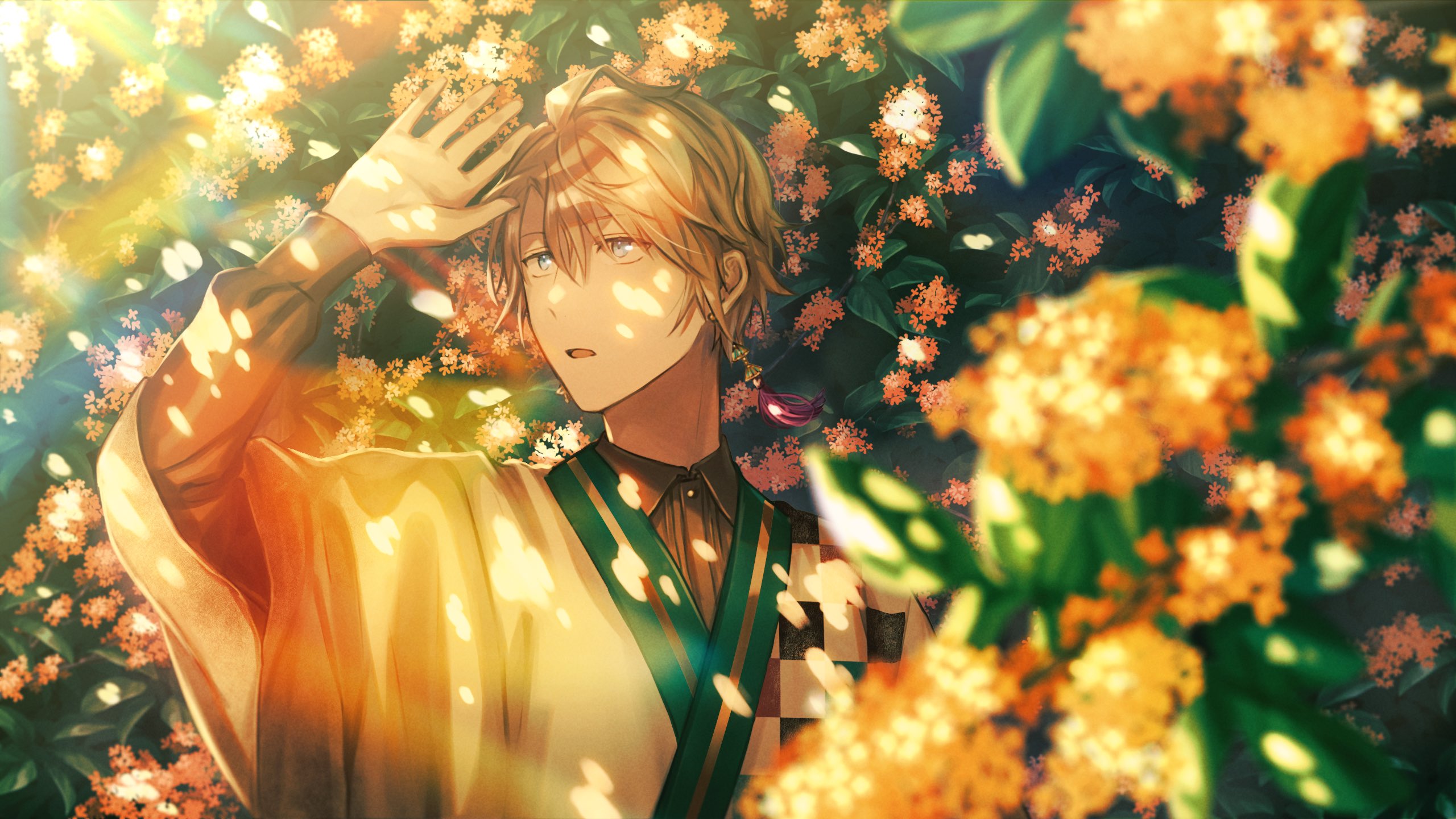 azuma hatori, kaida haru, kaida haru (1st costume), nijisanji, commentary request, highres, 1boy, :o, black shirt, checkered clothes, checkered kimono, collared shirt, cowlick, dappled sunlight, earrings, flower, gold osmanthus, grey hair, hair between eyes, hand up, japanese clothes, jewelry, kimono, layered sleeves, leaf, long sleeves, looking to the side, looking up, male focus, nature, orange flower, orange theme, osmanthus, outdoors, plant, shading eyes, shirt, shirt under kimono, short hair, single earring, solo, sunlight, tassel, tassel earrings, upper body, virtual youtuber, white kimono