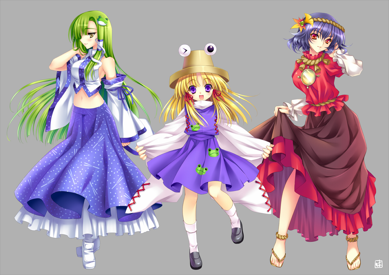 riv (rivleaf), kochiya sanae, moriya suwako, yasaka kanako, touhou, 3girls, blonde hair, clothes lift, detached sleeves, female focus, green hair, hat, multiple girls, one eye closed, open mouth, purple hair, sandals, shoes, skirt, skirt hold, skirt lift, smile, socks, zouri