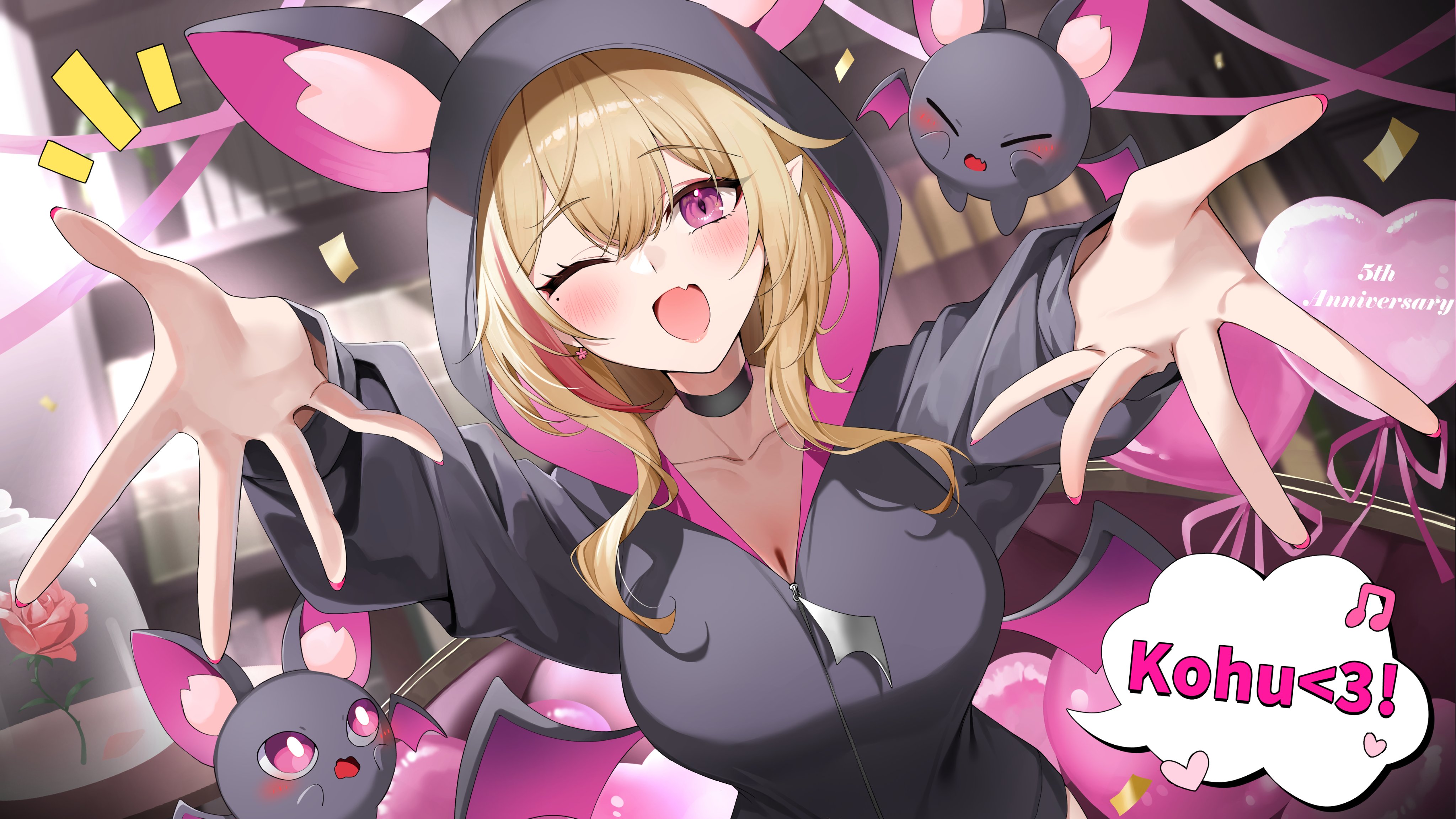 gawawawa, kou mariya, v4mirai, absurdres, commentary, commission, english commentary, highres, 1girl, ;d, animal hood, anniversary, balloon, bat (animal), bat hood, black choker, black hoodie, blonde hair, blurry, blurry background, blush, bookshelf, breasts, bright pupils, choker, collarbone, confetti, earrings, eighth note, fang, flower, flower earrings, heart, heart balloon, hood, hood up, hoodie, indoors, jewelry, large breasts, long hair, long sleeves, looking at viewer, mole, mole under eye, multicolored hair, musical note, nail polish, navel, notice lines, one eye closed, open mouth, outstretched arms, pink nails, pointy ears, purple eyes, reaching, reaching towards viewer, red flower, red hair, red rose, rose, skin fang, slit pupils, smile, solo, speech bubble, streaked hair, upper body, virtual youtuber, white pupils, zipper, zipper pull tab
