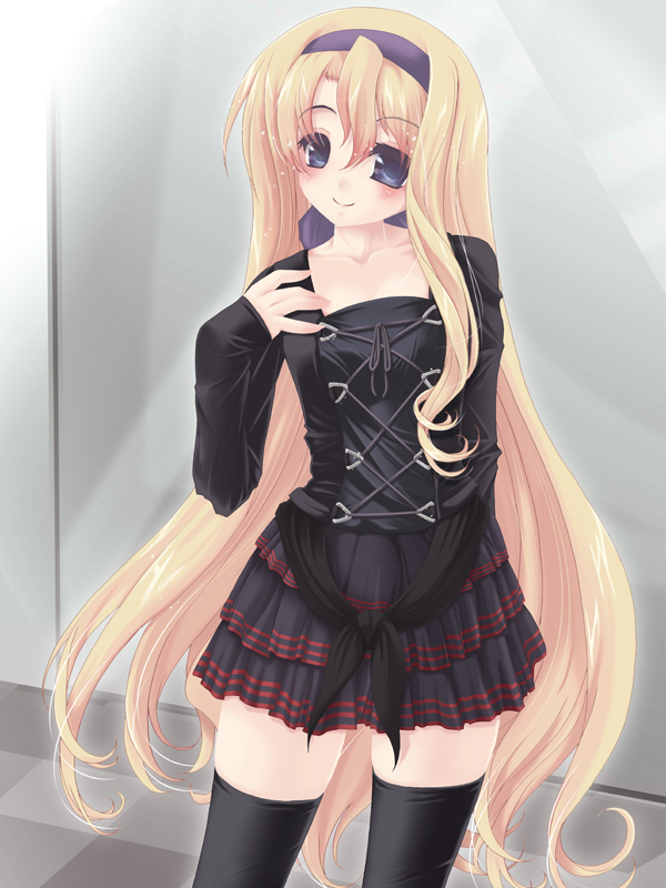 frapowa, carim gracia, lyrical nanoha, mahou shoujo lyrical nanoha, mahou shoujo lyrical nanoha strikers, 00s, 1girl, black thighhighs, blonde hair, blue eyes, female focus, hairband, long hair, skirt, solo, thighhighs, very long hair