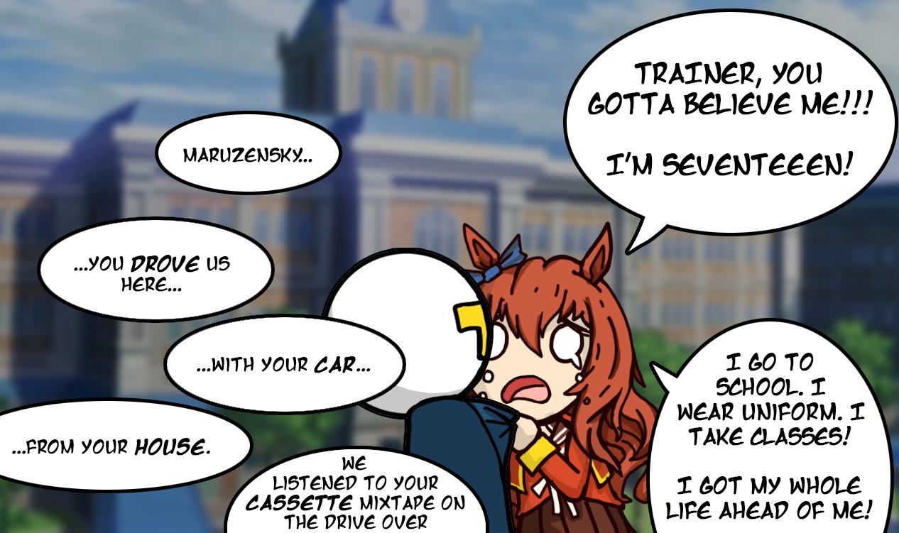 terkmc, maruzensky (umamusume), t-head trainer (umamusume), trainer (umamusume), umamusume, 1boy, 1girl, animal ears, blank eyes, blue jacket, brown skirt, crying, crying with eyes open, hair between eyes, horse ears, horse girl, jacket, long hair, looking at another, open mouth, red hair, red jacket, skirt, tears