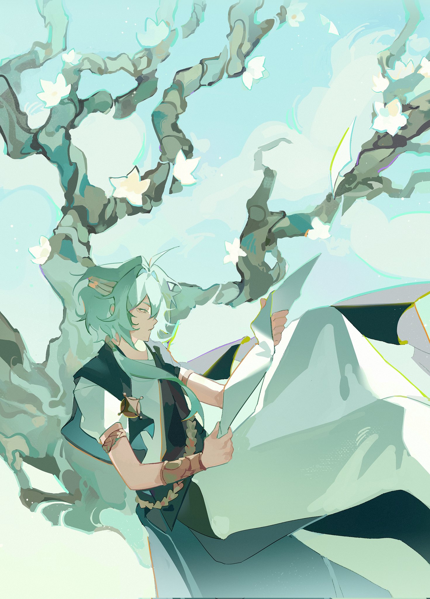 anaxa (honkai: star rail), honkai: star rail, honkai (series), highres, anar 9158, bandages, bracelet, day, flower, green eyes, green hair, holding, holding paper, jewelry, outdoors, pants, paper, tree