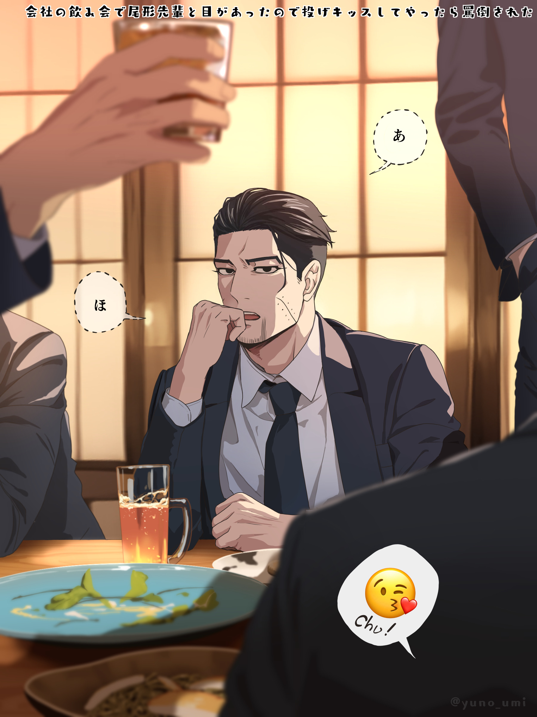 washiko (rasuko), ogata hyakunosuke, golden kamuy, absurdres, commentary request, highres, translation request, 5boys, alcohol, bar (place), black hair, black jacket, black necktie, collared shirt, cup, emoji, facial hair, goatee stubble, hair slicked back, indoors, jacket, long sleeves, looking at viewer, male focus, multiple boys, necktie, open mouth, plate, shirt, short hair, speech bubble, stubble, white shirt, window