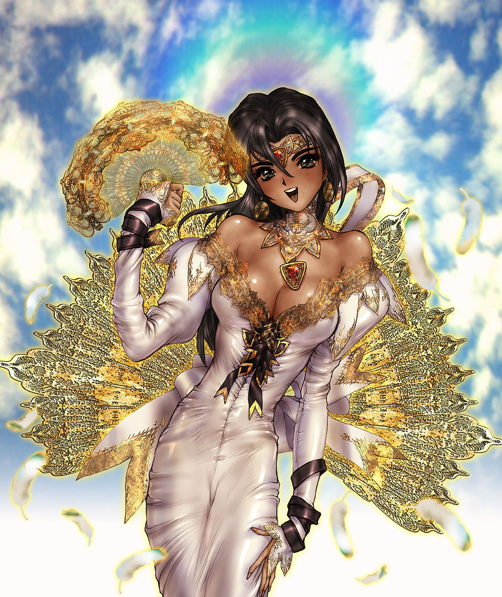 shirou masamune, hand on thigh, 1girl, :>, black hair, breasts, choker, circlet, cleavage, dark-skinned female, dark skin, dress, evening gown, feathers, female focus, hand fan, jewelry, long hair, open mouth, pendant, smile, solo
