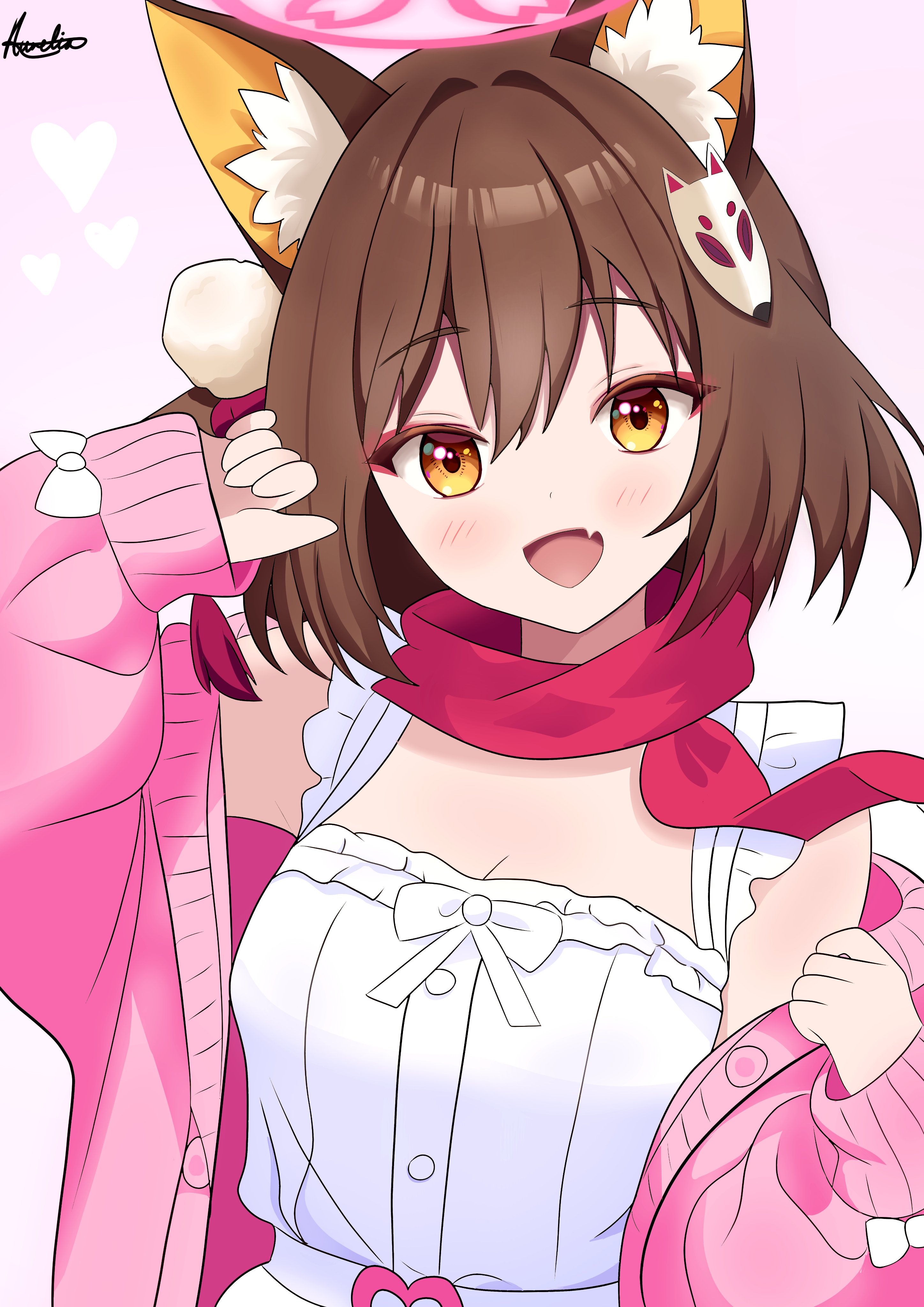 aurelia88, izuna (blue archive), blue archive, absurdres, commentary, english commentary, highres, 1girl, :d, alternate costume, animal ear fluff, animal ears, bare shoulders, blush, bow, brown hair, cardigan, casual, dress, eyeshadow, fang, fox ears, fox girl, fox hair ornament, frilled dress, frills, hair between eyes, hair intakes, hair ornament, halo, hands up, happy, heart, looking at viewer, makeup, medium hair, one side up, open cardigan, open clothes, open mouth, pink background, pink cardigan, pink halo, pom pom (clothes), pom pom hair ornament, red eyeshadow, red scarf, scarf, signature, simple background, skin fang, sleeve bow, sleeveless, sleeveless dress, sleeves past wrists, smile, solo, straight hair, upper body, white bow, white dress, yellow eyes