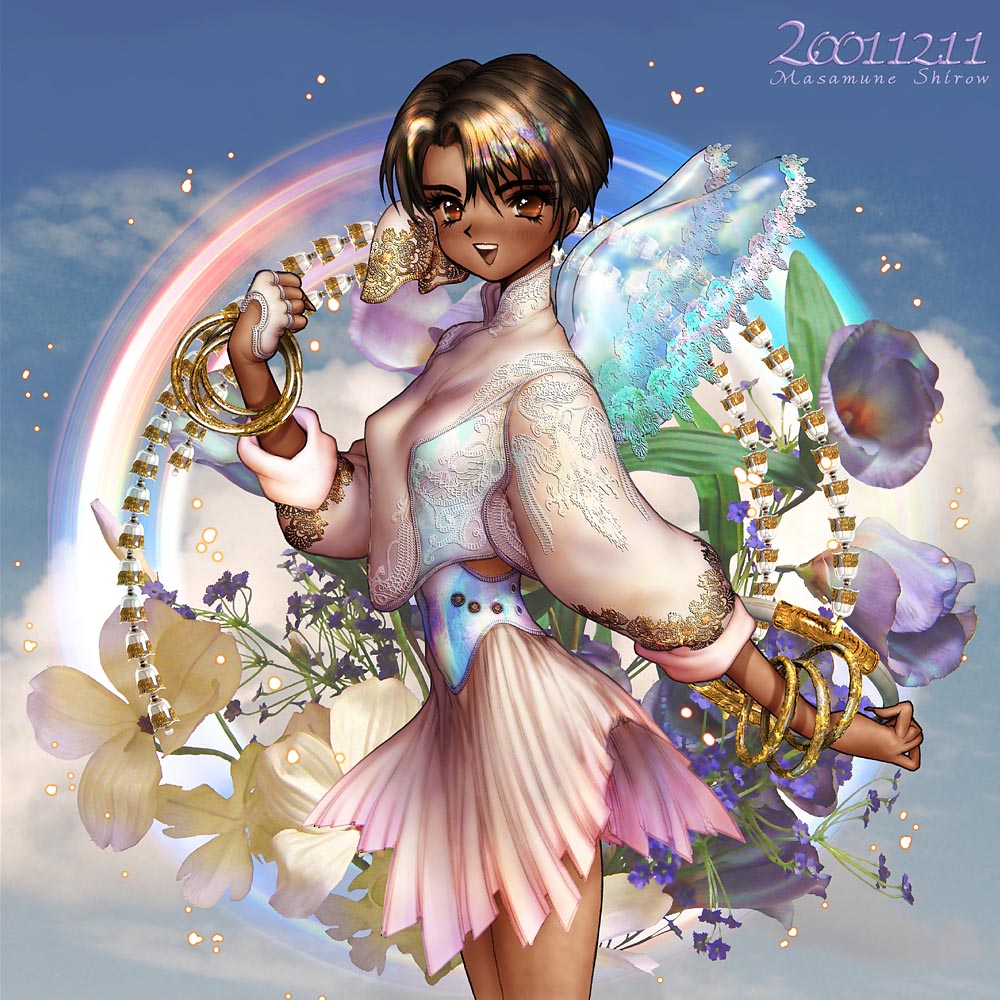 shirou masamune, tagme, angel, black hair, bracelet, dark-skinned female, dark skin, flower, gold bracelet, jewelry, multiple bracelets, short hair, solo, wings