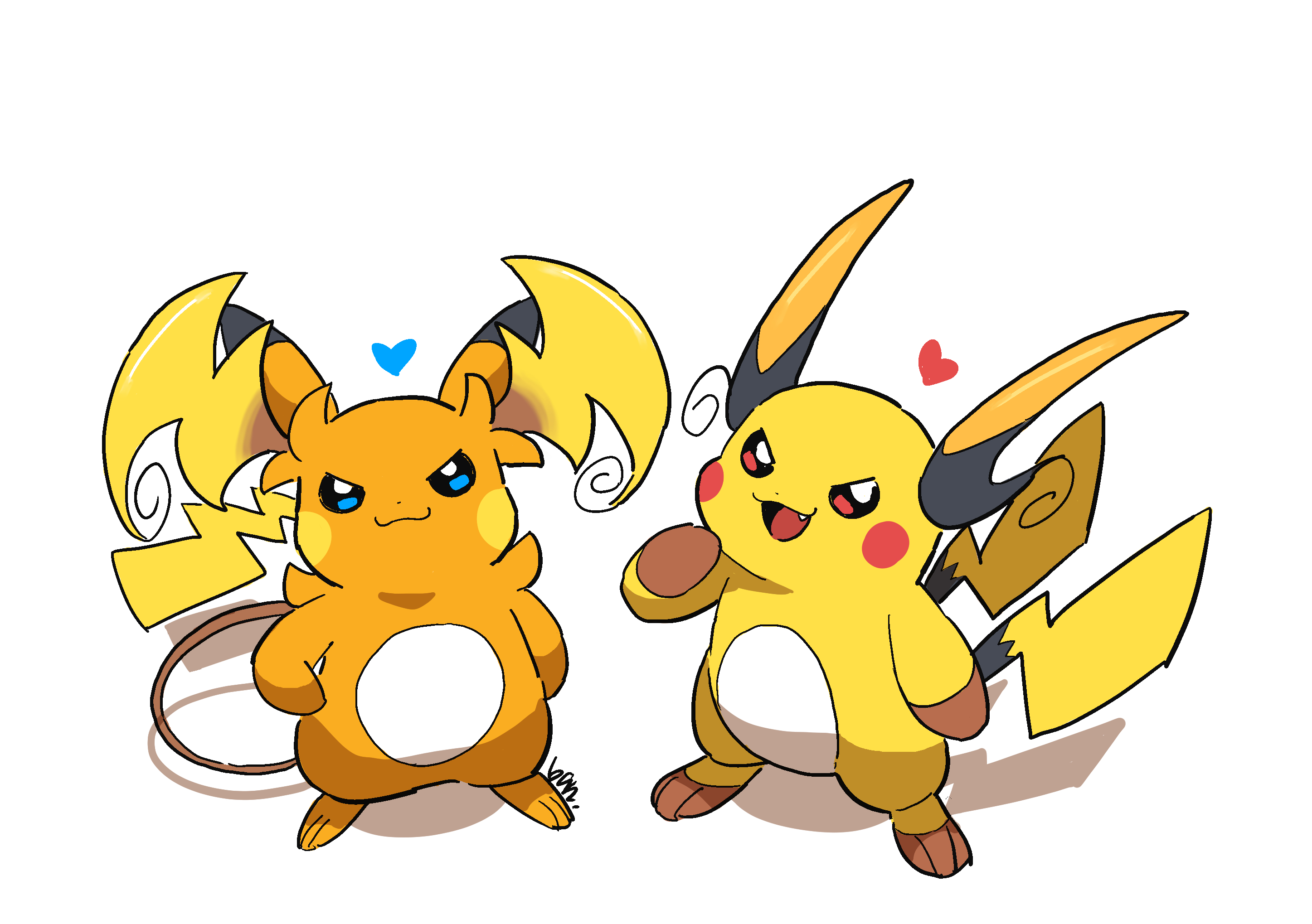 ban (ban62460424), mega raichu x, mega raichu y, raichu, nintendo, pokemon, commentary request, highres, blue eyes, closed mouth, fang, full body, gen 1 pokemon, heart, looking at viewer, mega pokemon, no humans, open mouth, pokemon (creature), red eyes, shadow, simple background, standing, white background