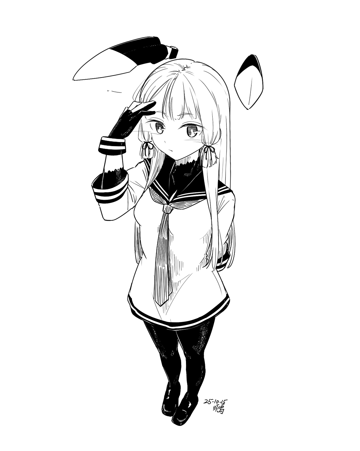 hikashima (shiofune), murakumo (kancolle), kantai collection, highres, 1girl, artist name, blunt bangs, dated, fingerless gloves, floating headgear, gloves, greyscale, headgear, high contrast, long hair, monochrome, necktie, pantyhose, sidelocks, solo