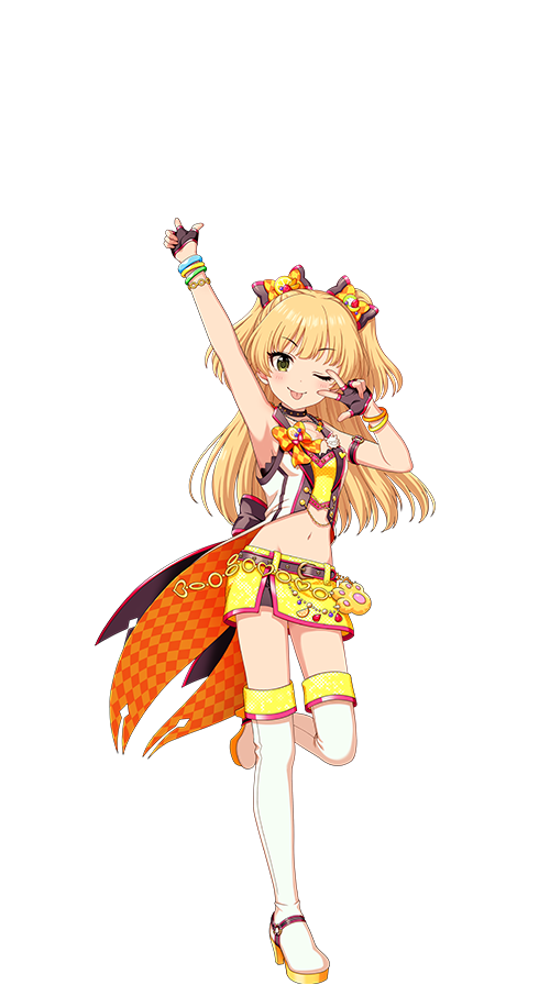 jougasaki rika, idolmaster, idolmaster cinderella girls, idolmaster cinderella girls starlight stage, official art, 1girl, belt, blonde hair, boots, bow, bracelet, fingerless gloves, full body, gloves, green eyes, high heel boots, high heels, idol clothes, jewelry, midriff, navel, one eye closed, one leg raised, skirt, solo, thigh boots, tongue, tongue out, transparent background, twintails