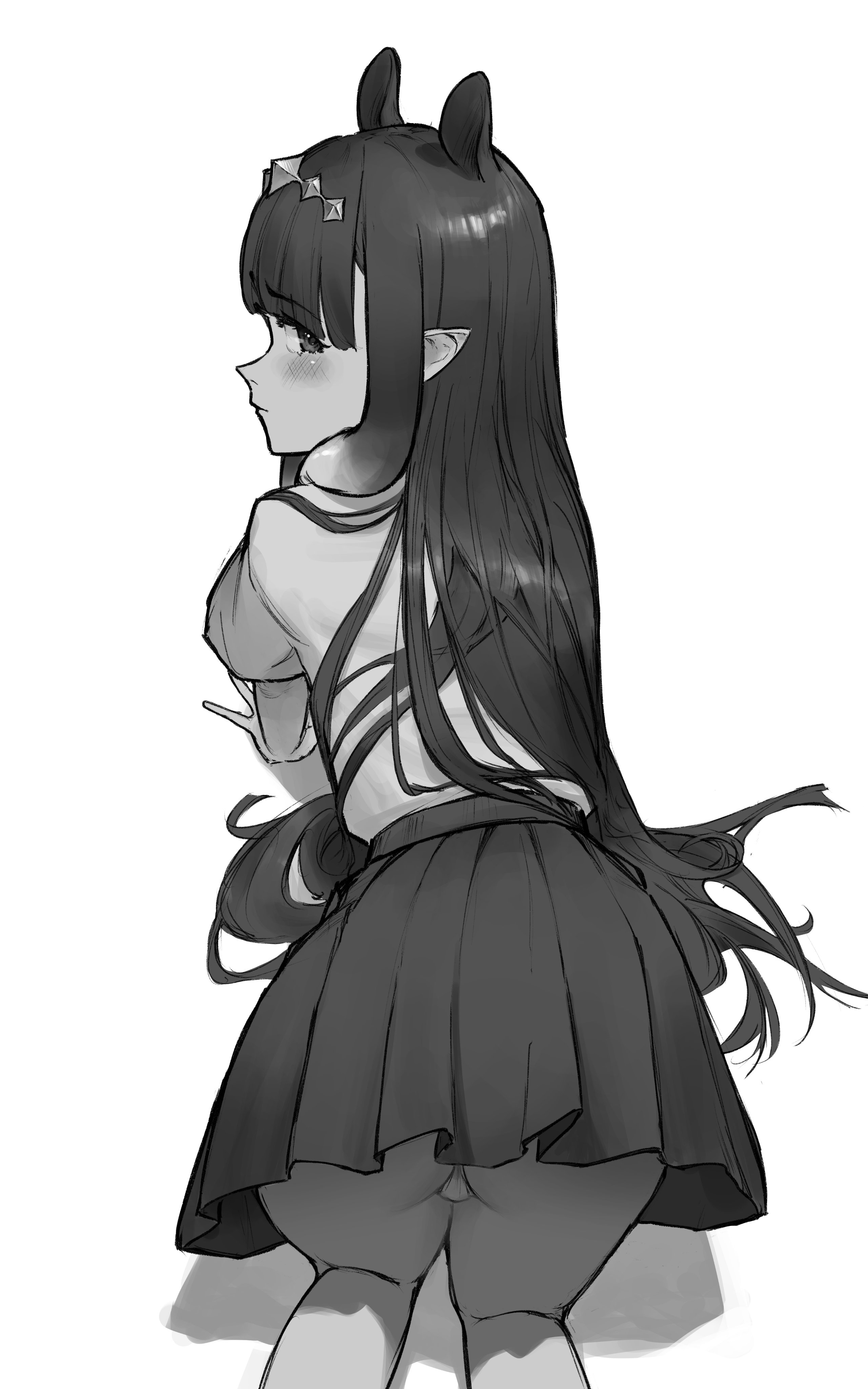 bobsta01, ninomae ina'nis, hololive, hololive english, 1girl, ass, blunt bangs, from behind, long hair, looking at viewer, looking back, panties, pointy ears, shirt, skirt, underwear, virtual youtuber