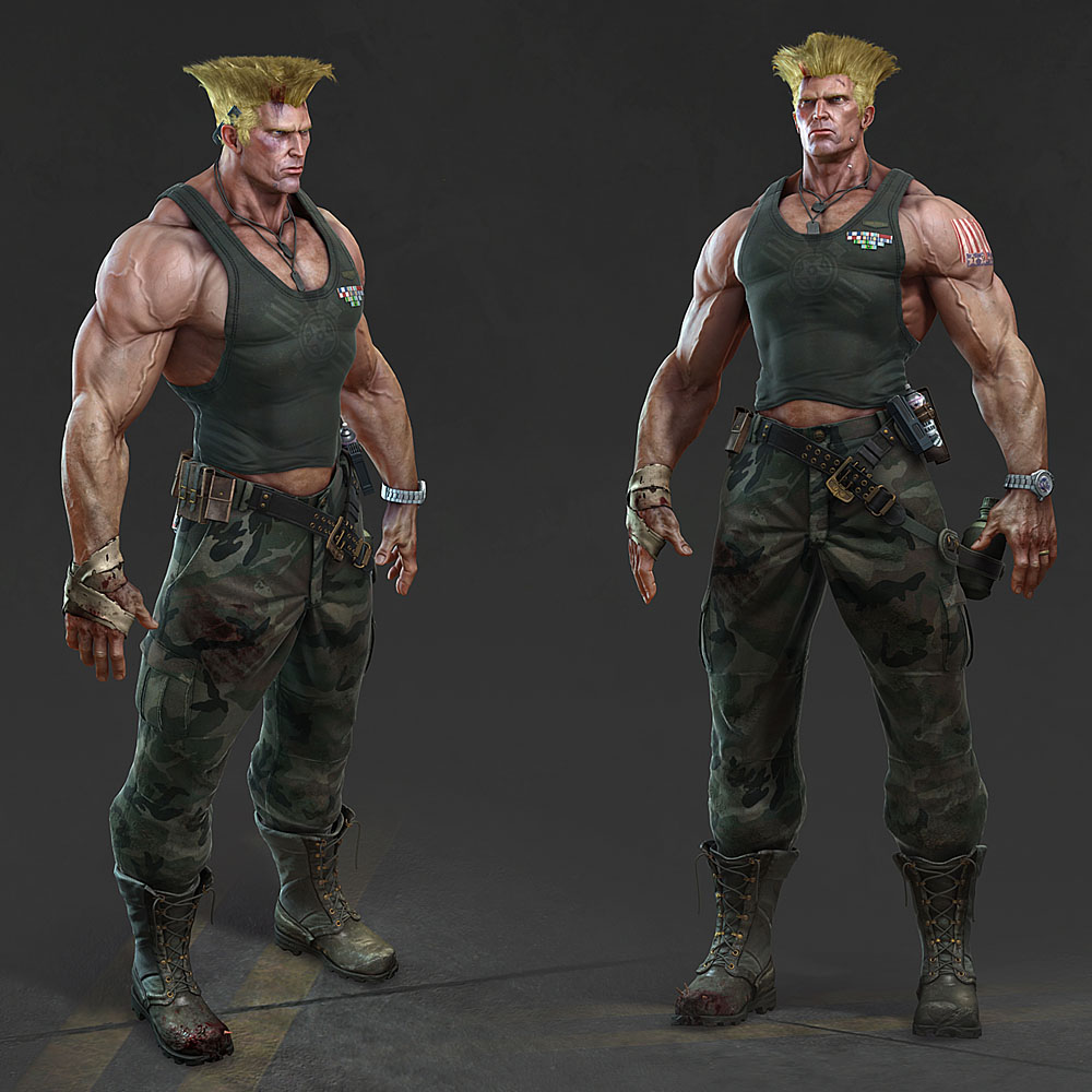 mike kime, guile, capcom, street fighter, commentary, 1boy, 3d, american flag, american flag tattoo, bandages, belt, blonde hair, blood, blue eyes, boots, cameo, camouflage, comb, dog tags, flattop, full body, grey background, male focus, multiple views, muscular, realistic, shoulder tattoo, standing, tattoo, watch, wristwatch