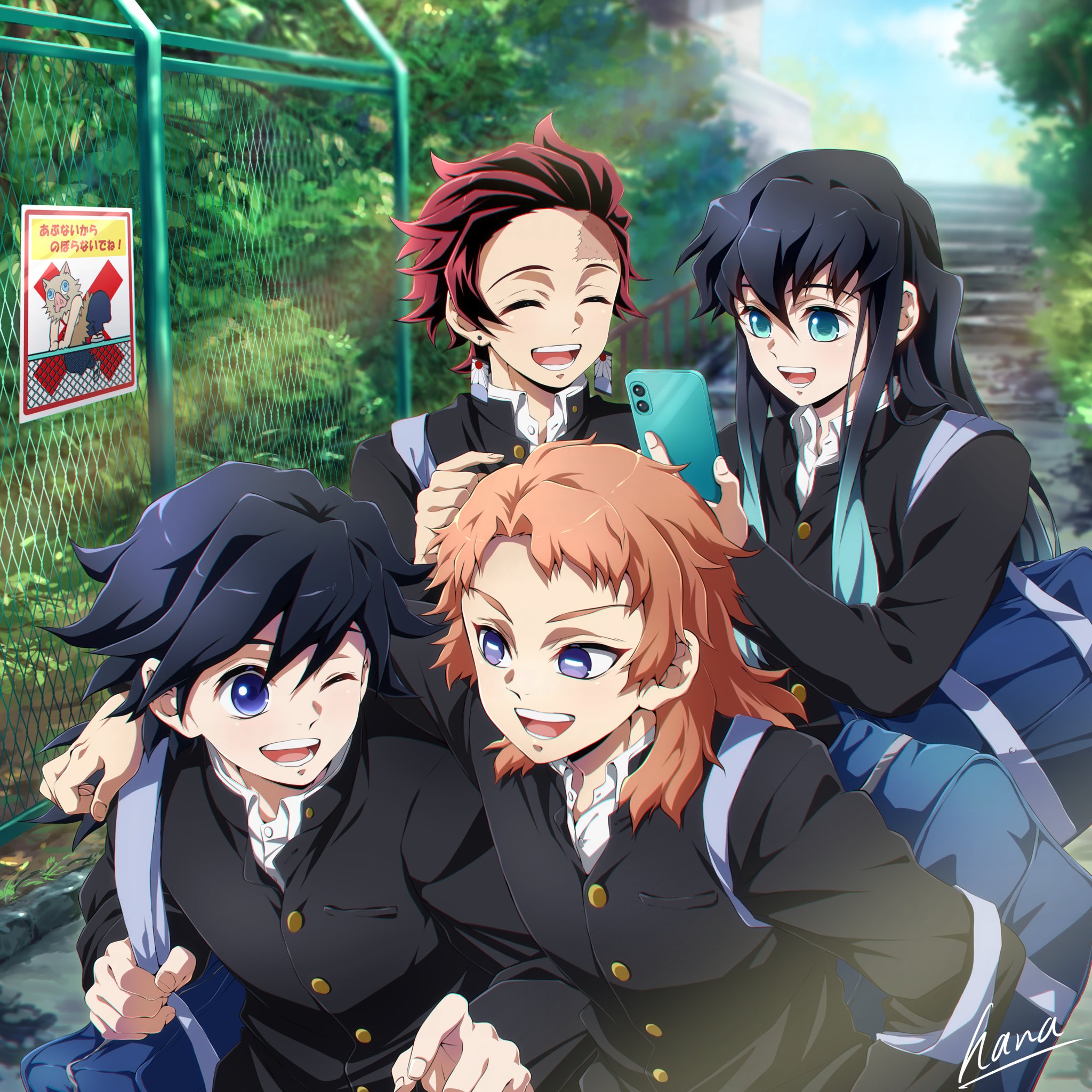 hana ni nare, hashibira inosuke, kamado tanjirou, sabito (kimetsu), tokitou muichirou, tomioka giyuu, kimetsu no yaiba, highres, 4boys, aqua eyes, aqua hair, bag, black hair, black shirt, blue eyes, cellphone, closed eyes, earrings, forehead, gradient hair, hanafuda earrings, holding, holding phone, jewelry, long hair, male focus, multicolored hair, multiple boys, one eye closed, open mouth, orange hair, phone, red hair, scar, scar on face, scar on forehead, school uniform, shirt, short hair, shoulder bag, smartphone, smile