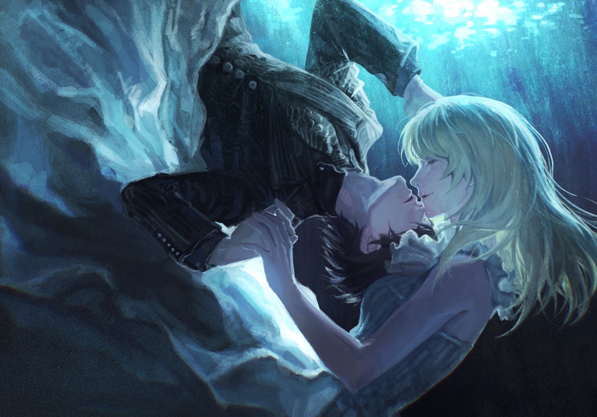 lunafreya nox fleuret, noctis lucis caelum, final fantasy, final fantasy xv, highres, 1boy, 1girl, anmoko0520, black hair, black suit, blonde hair, closed eyes, couple, dress, formal clothes, hair down, hetero, holding hands, imminent kiss, long hair, parted lips, short hair, suit, underwater
