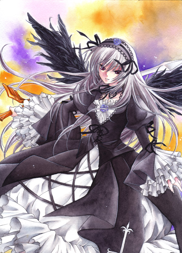trimcolor, suigintou, rozen maiden, silver hair, bad id, bad pixiv id, traditional media, 00s, dress, frills, hairband, purple eyes, solo, sword, weapon, wings
