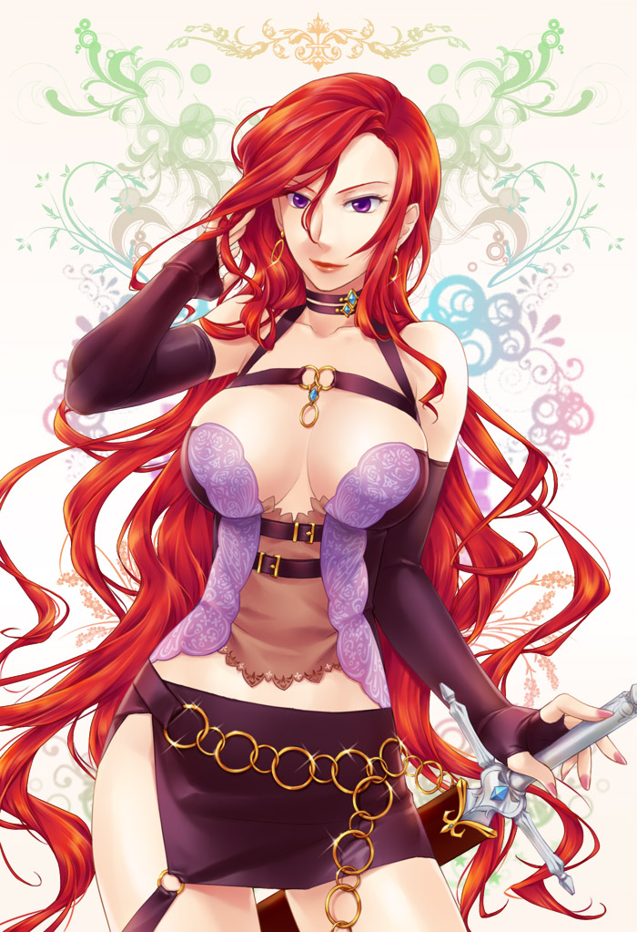 onigiri-kun (demmy), 1girl, belt, breasts, choker, cleavage, earrings, elbow gloves, female focus, fingerless gloves, gloves, hand in own hair, jewelry, large breasts, lips, long hair, purple eyes, red hair, skirt, smile, solo, sword, very long hair, weapon