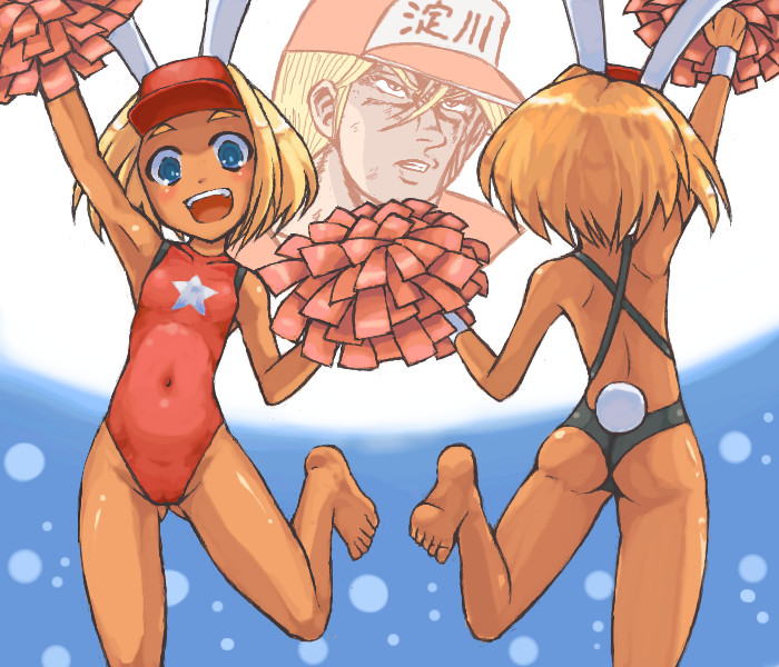 bondo, nihonsyu, catherine kyoubashi, terry bogard, aq interactive, arcana heart, arcana heart 2, atlus, examu, fatal fury, m.u.g.e.n, snk, 1boy, 1girl, animal ears, arm up, armpits, ass, back, barefoot, baseball cap, blonde hair, blue eyes, cameltoe, cheerleader, clenched teeth, crossover, dark skin, feet, flat chest, hat, leg up, leotard, loli, one-piece swimsuit, pom pom (cheerleading), rabbit ears, red leotard, short hair, star (symbol), swimsuit, tan, teeth, toes