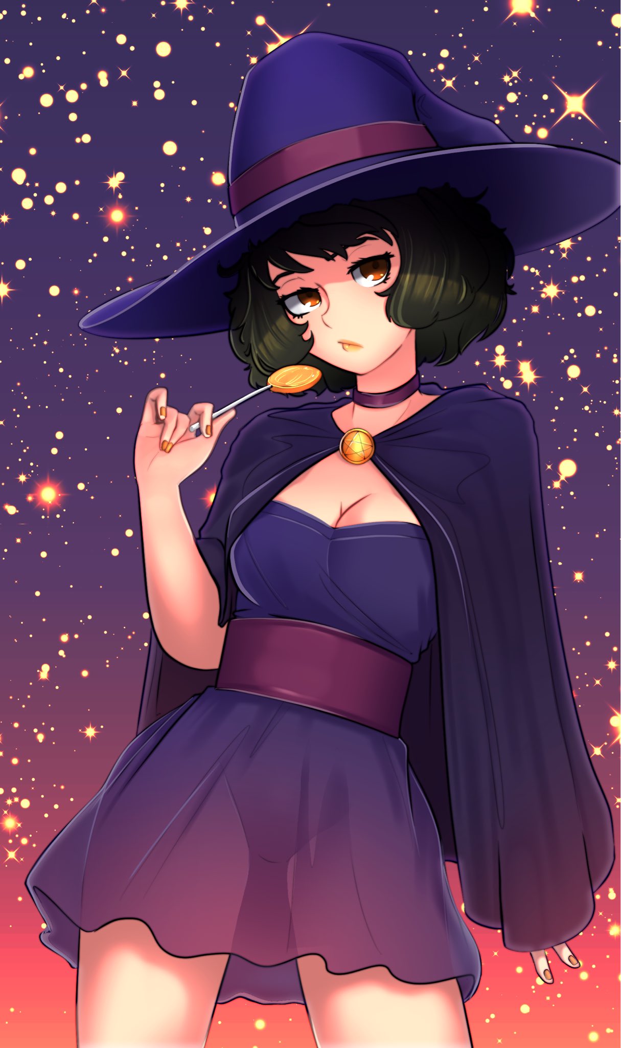 blysill, kawakami sadayo, persona, persona 5, commentary, english commentary, highres, 1girl, black hair, brown eyes, candy, cape, choker, closed mouth, cowboy shot, dress, food, gradient background, hand up, hat, holding, holding candy, holding food, holding lollipop, large hat, lollipop, looking at viewer, orange nails, purple background, purple cape, purple choker, purple dress, purple hat, purple sash, sash, see-through clothes, see-through dress, short hair, solo, standing, star (sky), starry sky background, witch hat