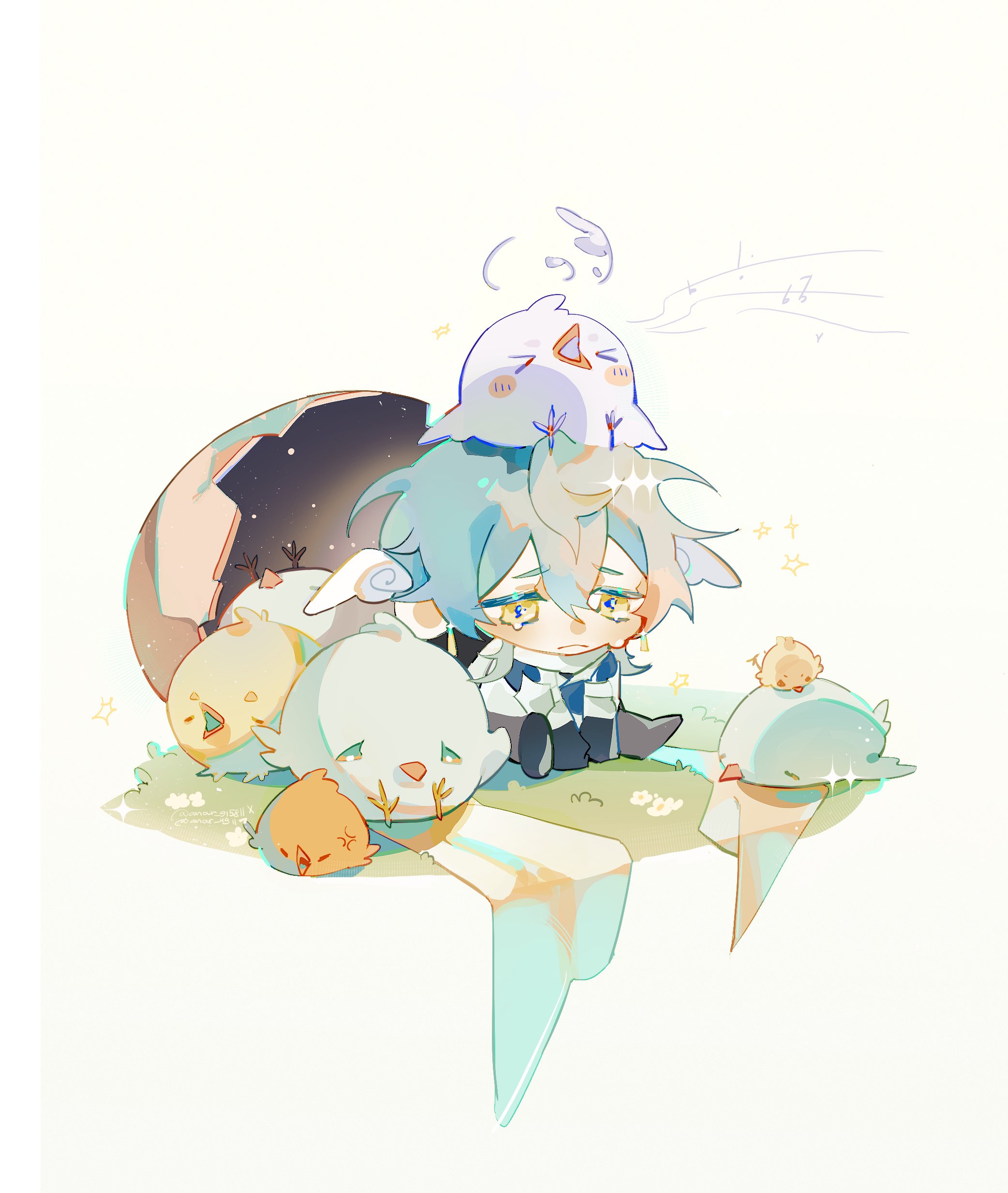 sunday (honkai: star rail), honkai: star rail, honkai (series), absurdres, highres, anar 9158, bird, chibi, crying, crying with eyes open, dress, earrings, flower, grass, head wings, jewelry, sundress, tears, white background, wings