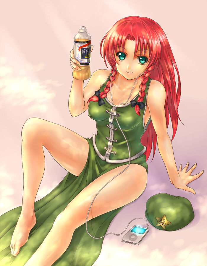 takemori shintarou, hong meiling, touhou, bad id, bad pixiv id, 1girl, barefoot, bottle, braid, breasts, digital media player, drink, feet, female focus, hat, ipod, long legs, no bra, product placement, red hair, solo, twin braids, unworn hat, unworn headwear