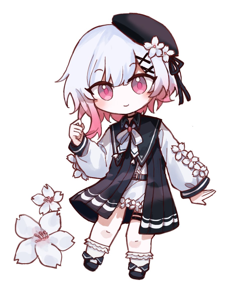 sol phi 0721, sakuraba ema, mahou shoujo no majo saiban, hashtag-only commentary, 1girl, belt, beret, black belt, black dress, black hat, black shoes, cherry blossoms, chibi, chibi only, dress, flower, full body, gradient hair, hair ornament, hat, long sleeves, looking at viewer, multicolored hair, pink eyes, pink hair, shoes, short hair, shorts, simple background, smile, socks, solo, white background, white flower, white hair, white shorts, white socks, x hair ornament