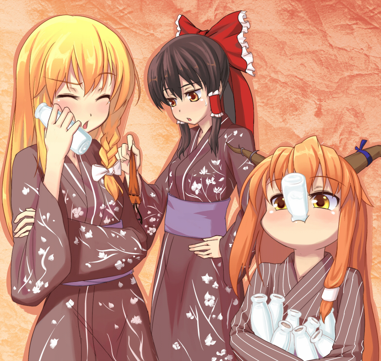 ket-c, hakurei reimu, ibuki suika, kirisame marisa, touhou, bad id, bad pixiv id, 3girls, :t, alternate costume, black hair, blonde hair, bottle, bow, braid, closed eyes, drinking, female focus, hair bow, hair tubes, horn ornament, horn ribbon, horns, japanese clothes, kimono, long hair, milk, multiple girls, orange hair, puffy cheeks, ribbon, side braid, yellow eyes, yukata