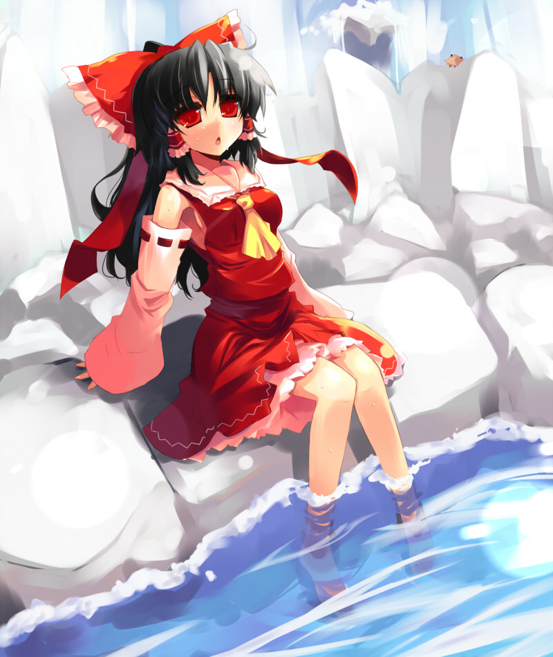 shin (new), hakurei reimu, moriya suwako, touhou, 2girls, :<, armpits, barefoot, black hair, female focus, japanese clothes, miko, multiple girls, red eyes, sitting, soaking feet, solo focus, sweat, water, waterfall
