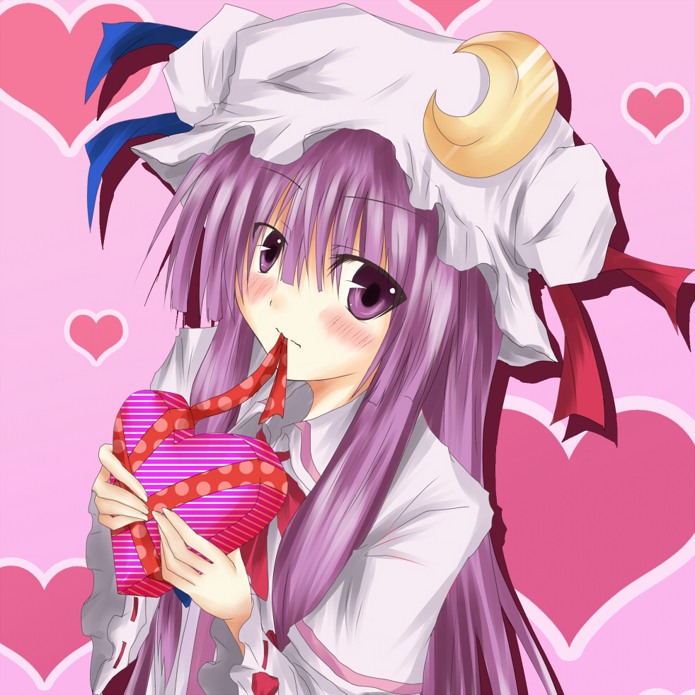ram hachimin, patchouli knowledge, touhou, 1girl, blush, box, chocolate, crescent, crescent hat ornament, female focus, hat, hat ornament, heart, heart-shaped box, long hair, mouth hold, purple hair, solo, valentine
