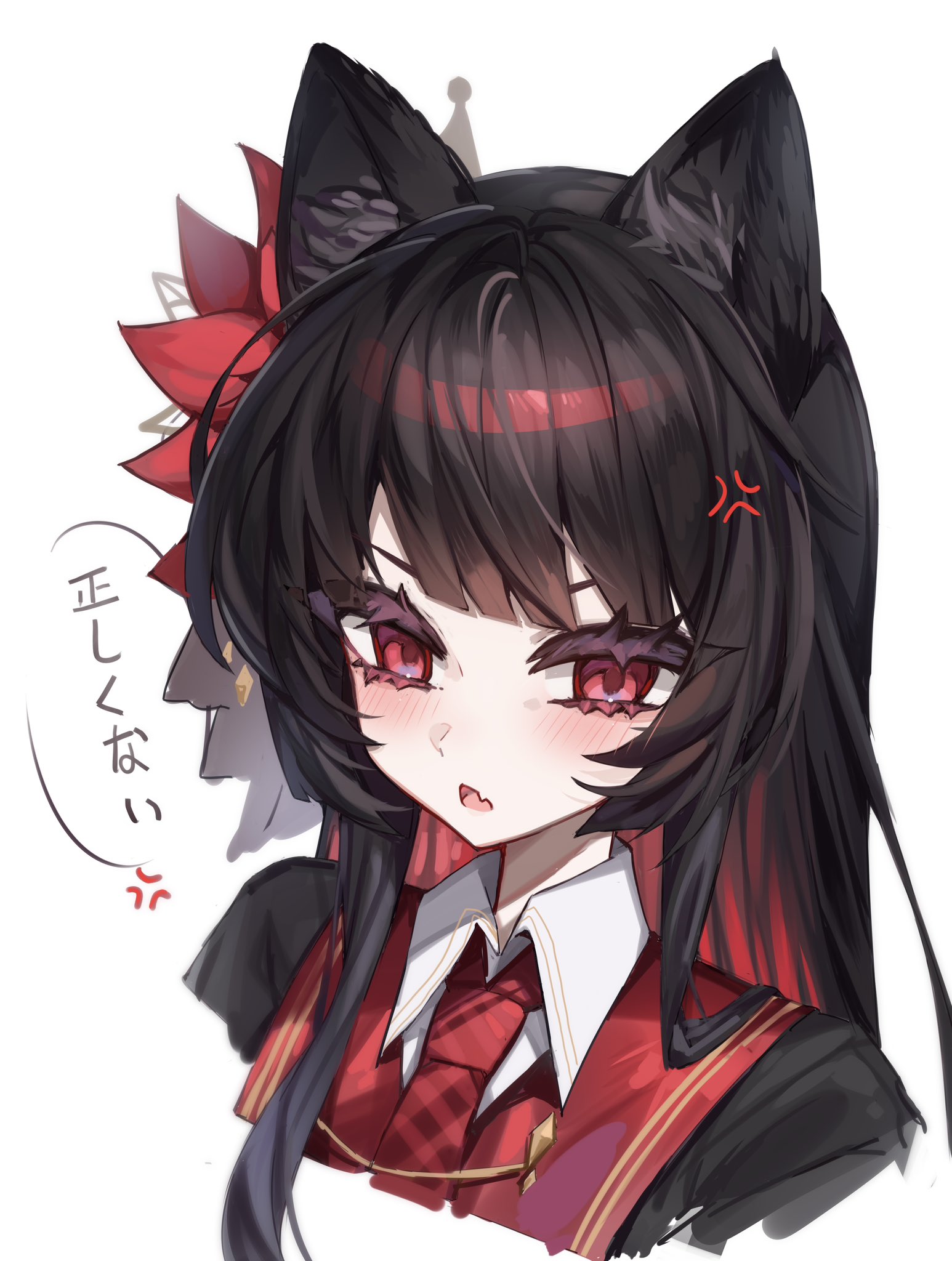 nikaido hiro, mahou shoujo no majo saiban, commentary request, highres, translation request, 1girl, anger vein, animal ear fluff, black hair, blunt bangs, blush, fang, flower, hair flower, hair ornament, long hair, looking at viewer, necktie, open mouth, red eyes, red flower, red necktie, simple background, solo, speech bubble, sttail0301, upper body, white background