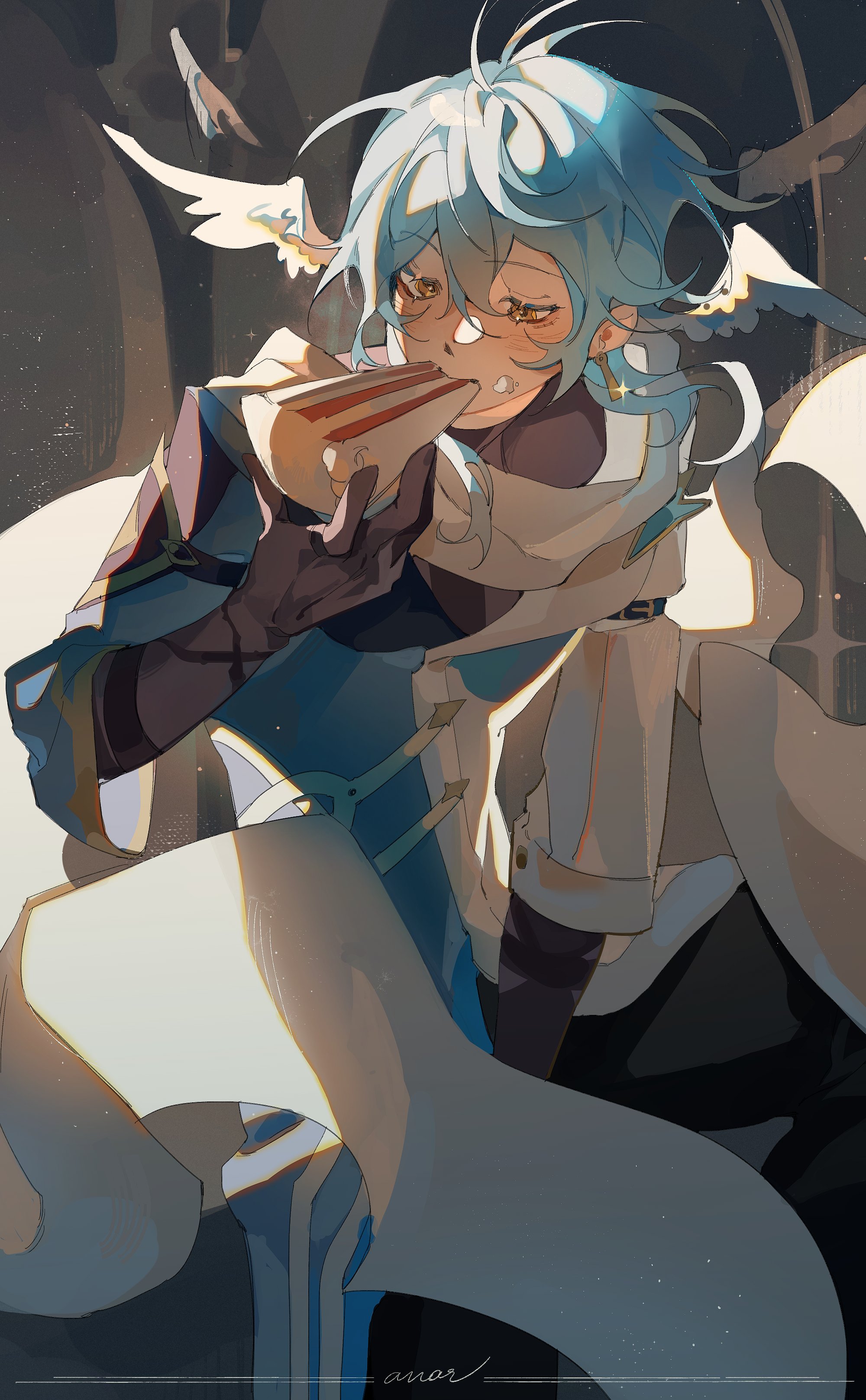 sunday (honkai: star rail), honkai: star rail, honkai (series), absurdres, highres, 1boy, anar 9158, blush, cake, cake slice, earrings, eating, feathers, food, gloves, grey hair, head wings, holding, jewelry, long sleeves, scarf, solo, white scarf, wings, yellow eyes