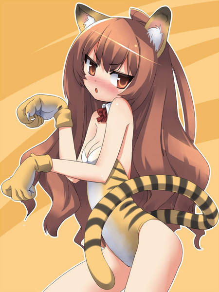 asagiri kirin, aisaka taiga, toradora!, resized, animal costume, animal ears, blush, cat ears, cat tail, claws, costume, long hair, pixiv thumbnail, tail, tiger costume, tiger ears, tiger print, tiger tail