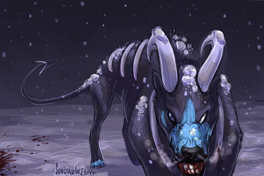 guard1anofire, guardianofire, houndoom, nintendo, pokemon, alternate color, alternate shiny pokemon, blood, gen 2 pokemon, horns, no humans, pokemon (creature), realistic, scar, snow, solo
