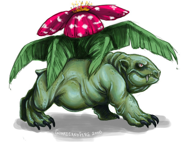 guardianofire, venusaur, nintendo, pokemon, 00s, 2006, artist name, dated, flower, gen 1 pokemon, no humans, pokemon (creature), realistic, simple background, solo, white background