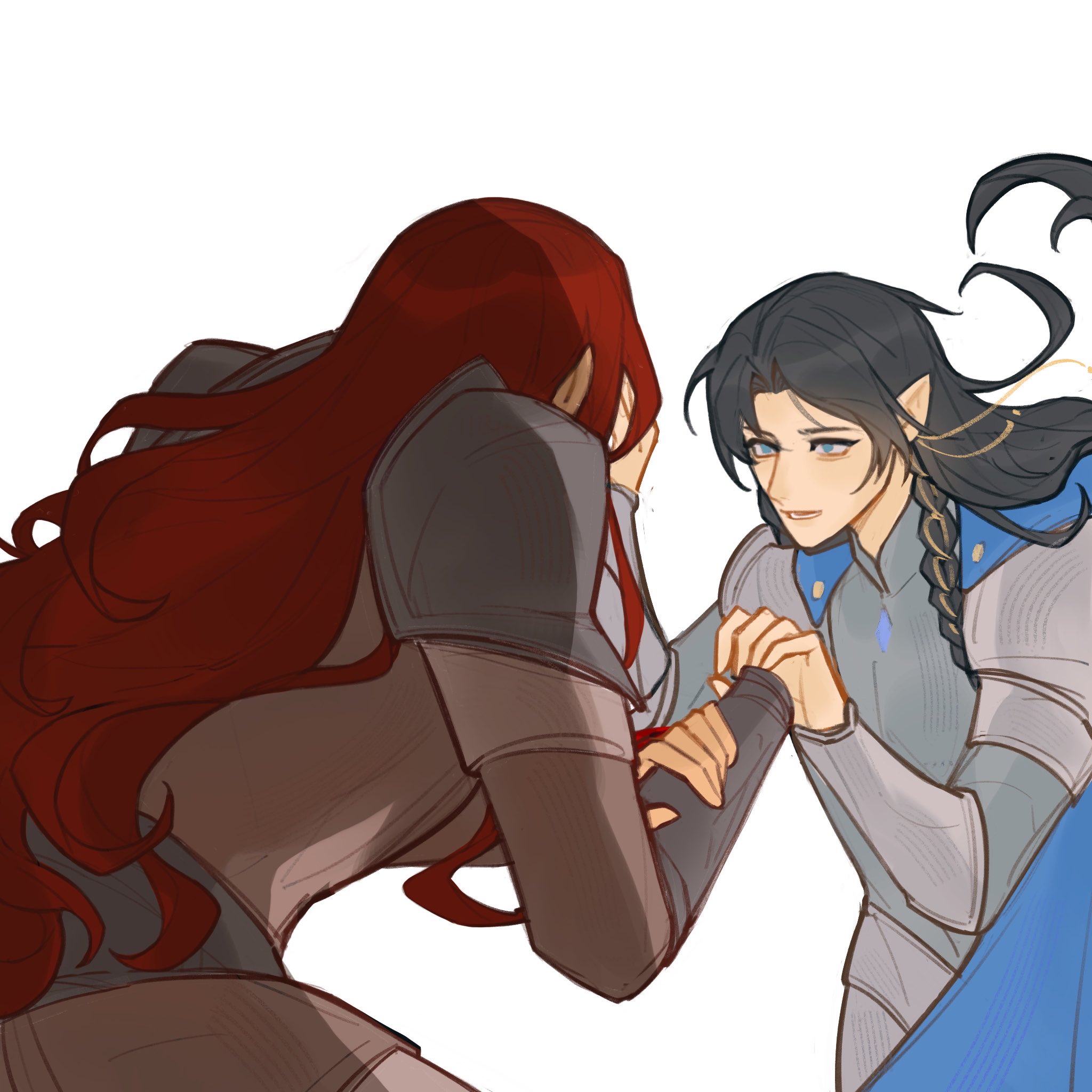 issa crimson, fingon, maedhros, the silmarillion, tolkien's legendarium, 2boys, amputee, armor, black hair, blue eyes, braid, elf, floating hair, lower teeth only, male focus, multiple boys, parted bangs, pointy ears, red hair, simple background, teeth, white background