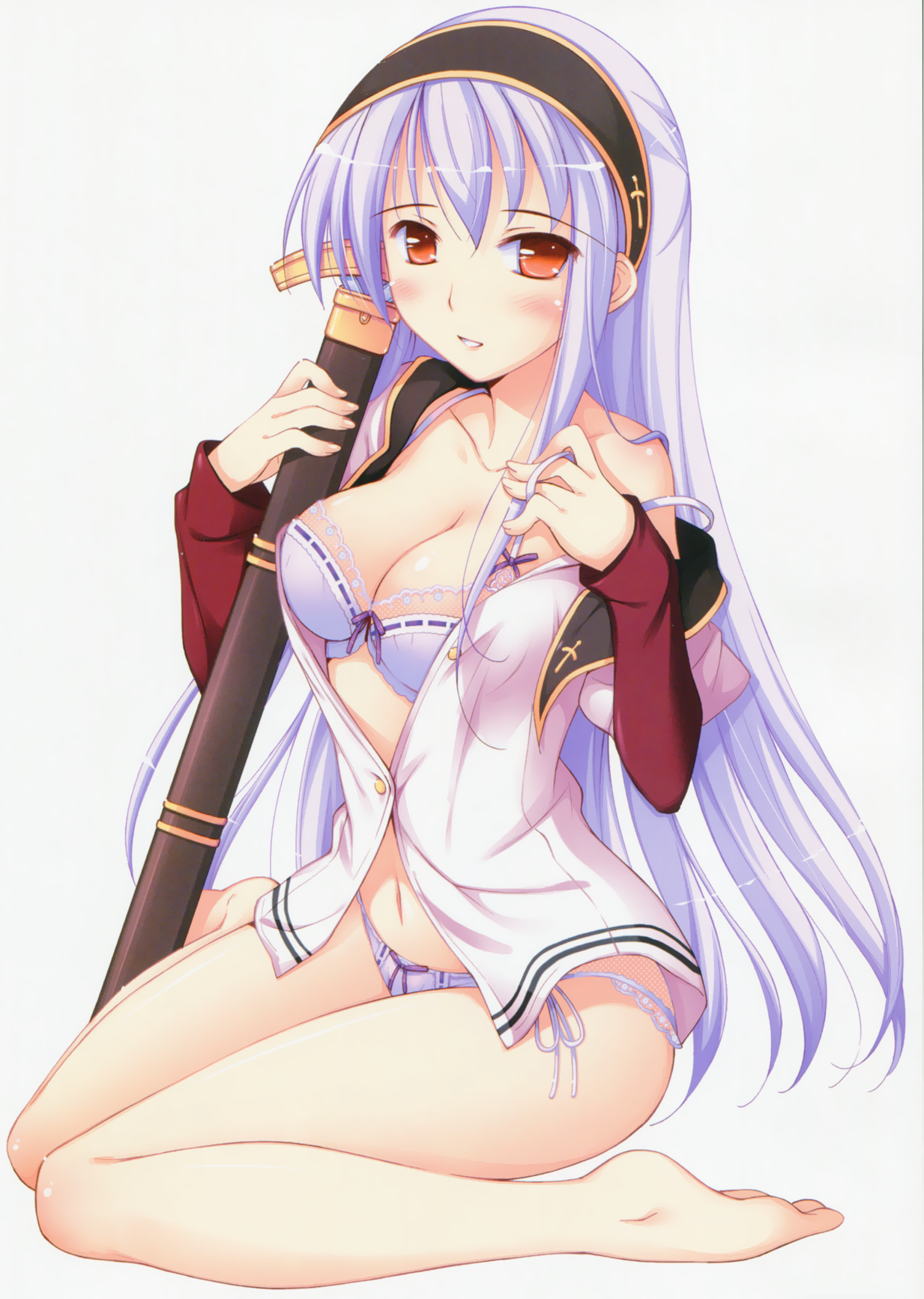 ko~cha, chelsea arcot, shukufuku no campanella, light purple hair, highres, 1girl, barefoot, blush, bow, bow bra, bow panties, bra, breasts, cleavage, feet, female focus, hairband, large breasts, legs, lingerie, long hair, open clothes, open shirt, orange eyes, panties, purple bra, purple hair, purple panties, shirt, side-tie panties, sitting, solo, sword, underwear, weapon