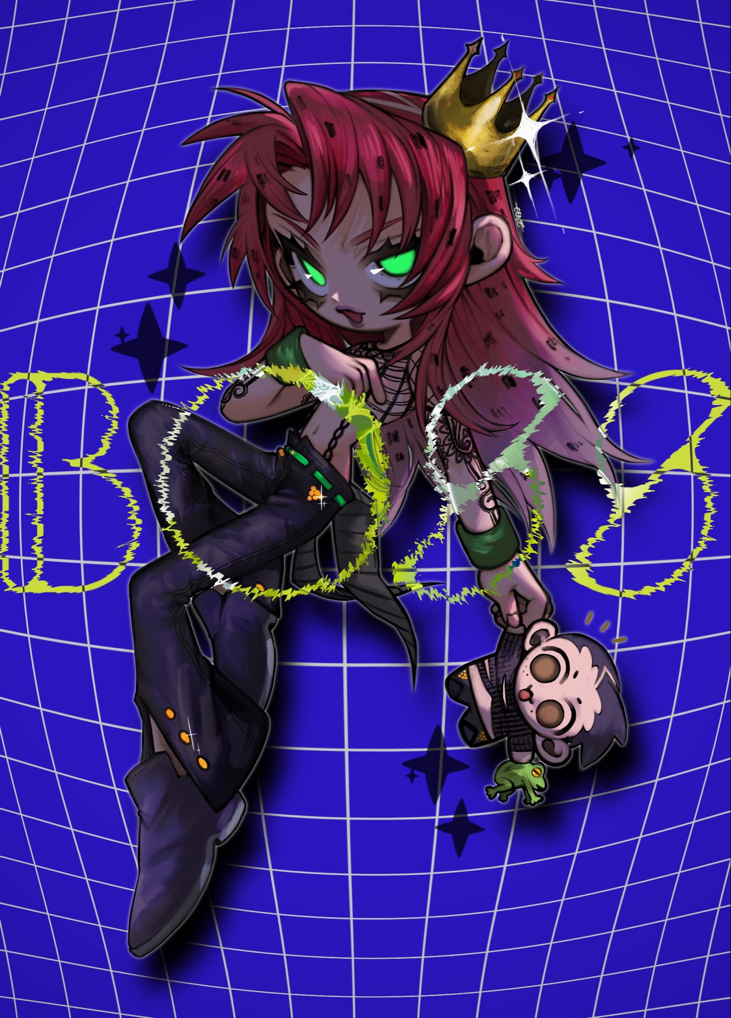 diavolo, vinegar doppio, jojo no kimyou na bouken, vento aureo, commentary request, highres, 2boys, 4rmy t8, animal, arm tattoo, belt, black pants, black sweater, blue background, brown eyes, chibi, crown, deformed, fishnet top, fishnets, full body, glowing, glowing eyes, green belt, green eyes, grid background, holding, holding animal, holding frog, holding hands, long hair, looking at viewer, makeup, male focus, mini crown, multiple boys, open mouth, pants, parted bangs, purple pants, purple shoes, red hair, shoes, smile, solo, sparkle, spotted hair, sweater, tattoo, topless male