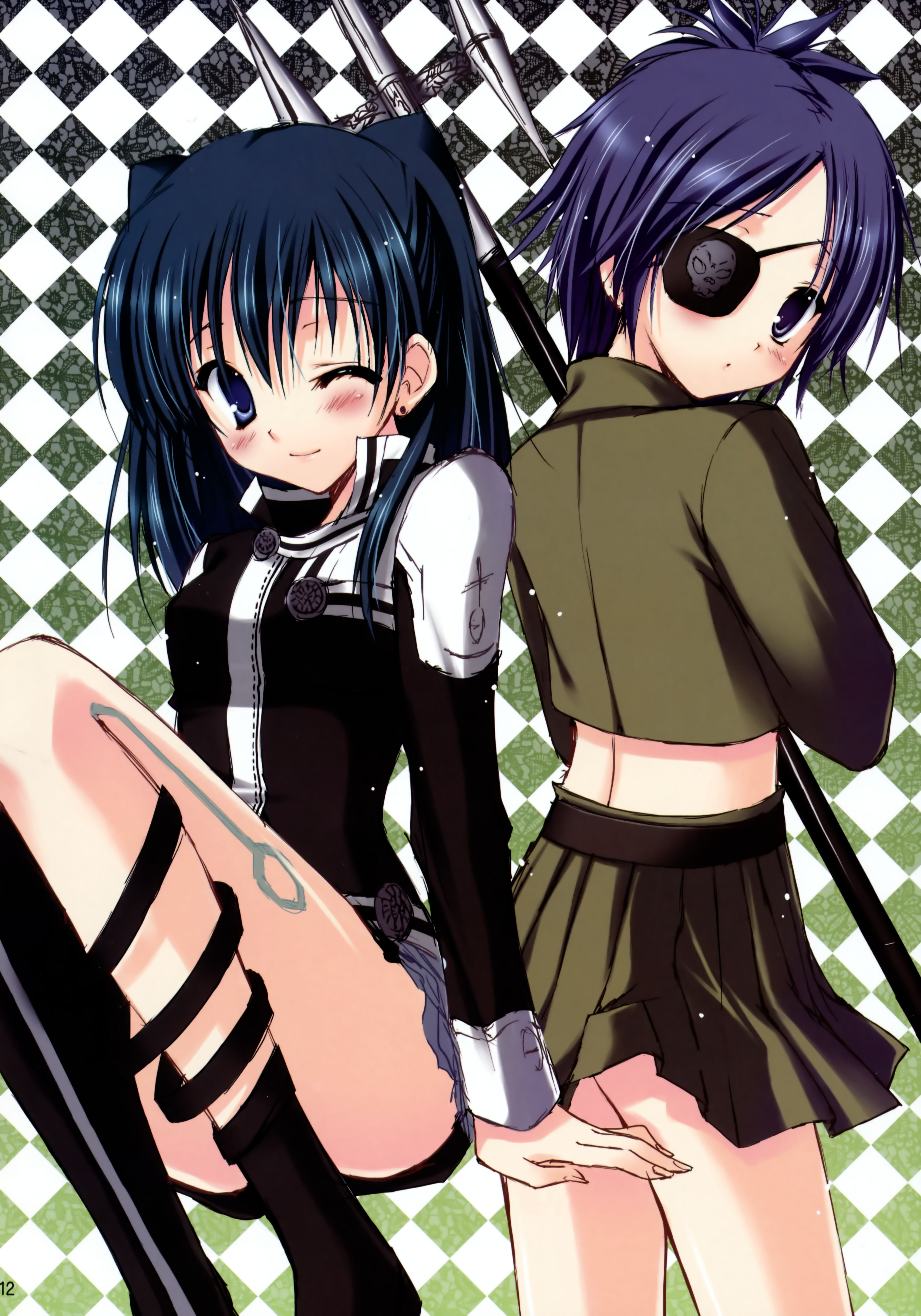 chrome dokuro, lenalee lee, d.gray-man, katekyo hitman reborn!, absurdres, highres, 00s, 2girls, blue eyes, blue hair, eyepatch, multiple girls, purple eyes, purple hair