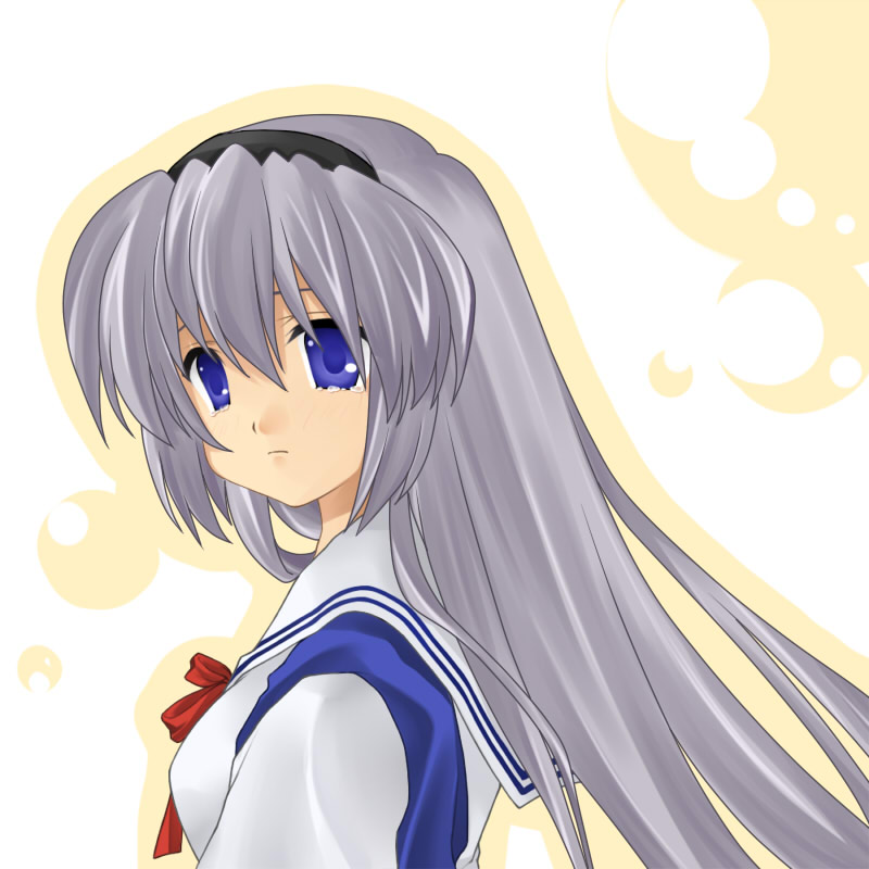 rik t, sakagami tomoyo, clannad, silver hair, bad id, bad pixiv id, 00s, blue eyes, hairband, long hair, school uniform, solo, tears