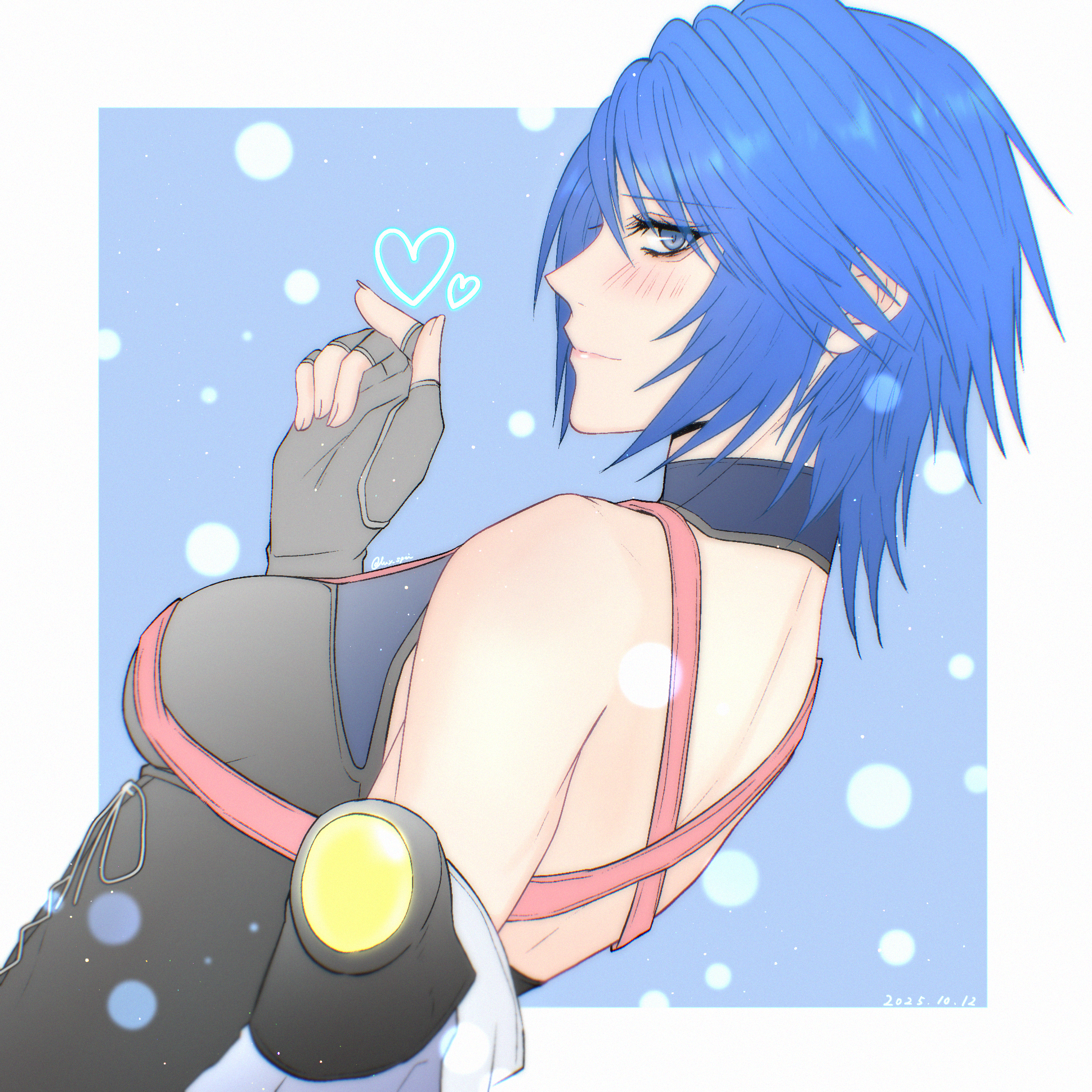 lux spei, aqua (kingdom hearts), kingdom hearts, kingdom hearts birth by sleep, highres, 1girl, blue eyes, blue hair, closed mouth, dated, detached sleeves, fingerless gloves, from side, gloves, heart, looking at viewer, short hair, simple background, solo, twitter username, upper body