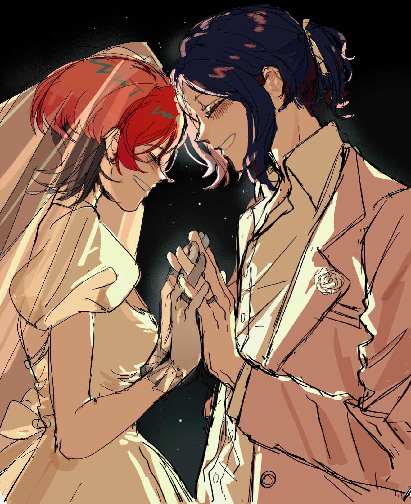kumo (sharonyann86798), amate yuzuriha, shuji ito, gundam, gundam gquuuuuux, highres, 1boy, 1girl, blue hair, blush, breasts, bridal veil, bride, closed eyes, colored inner hair, couple, dress, flower, gloves, groom, hetero, jewelry, multicolored hair, open mouth, ponytail, purple hair, red hair, ring, rose, shirt, short hair, smile, tuxedo, two-tone hair, veil, wedding, wedding dress, wedding ring, white dress, white flower, white gloves, white rose, white shirt