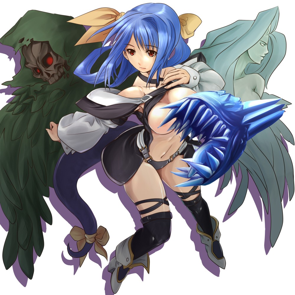 koyama (gantz0409jp), dizzy (guilty gear), necro (guilty gear), undine (guilty gear), arc system works, guilty gear, 1girl, asymmetrical wings, blue hair, bow, breasts, censored, convenient censoring, hair bow, large breasts, midriff, red eyes, ribbon, tail, tail ornament, tail ribbon, thighhighs, wings