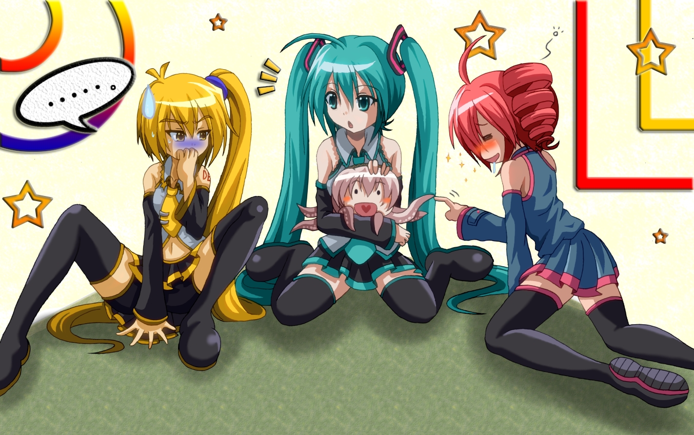 dr. cryptoso, akita neru, hatsune miku, kasane teto, kasane teto (utau), megurine luka, takoluka, triple baka (vocaloid), utau, vocaloid, …, 3girls, = =, aqua eyes, aqua hair, black thighhighs, blonde hair, blush, blush stickers, child, crossover, detached sleeves, drill hair, heart, heart in mouth, long hair, multiple girls, poking, red hair, saliva, side ponytail, sitting, skirt, speech bubble, spoken ellipsis, sweatdrop, thighhighs, turn pale, twin drills, twintails, very long hair, yellow eyes, zettai ryouiki