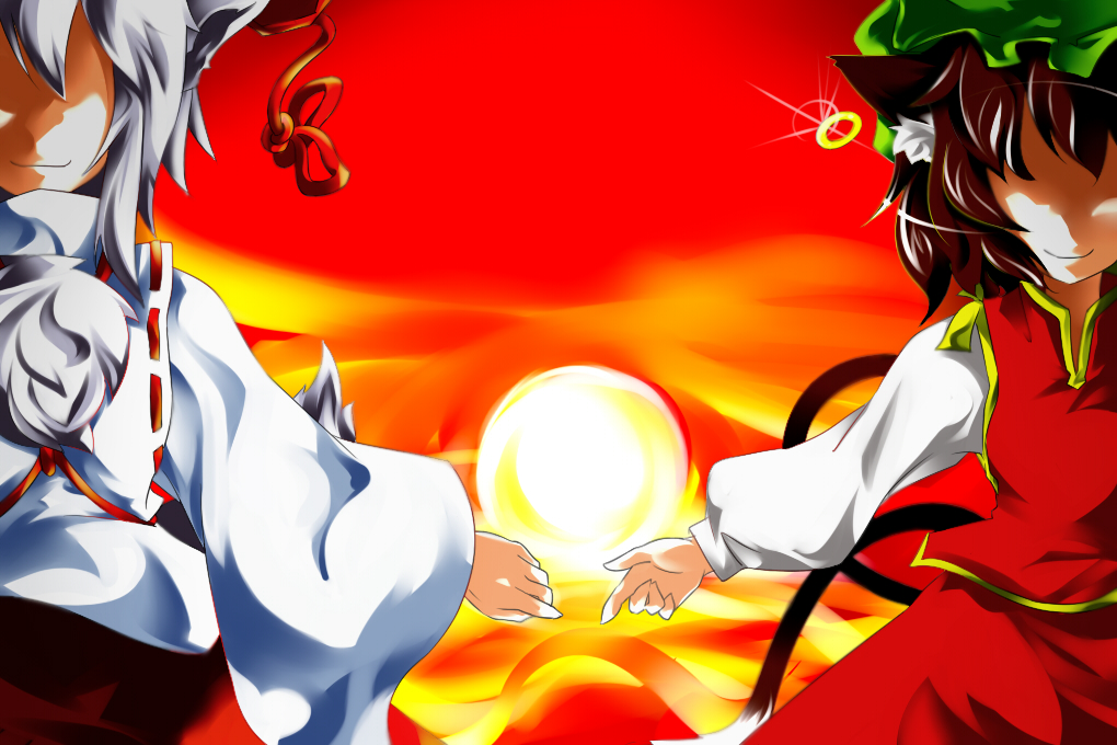 amagi xx, amaki someichi, chen, inubashiri momiji, touhou, 2girls, animal ears, cat ears, cat girl, cat tail, earrings, female focus, hat, jewelry, multiple girls, multiple tails, tail, tokin hat, wolf ears, wolf tail