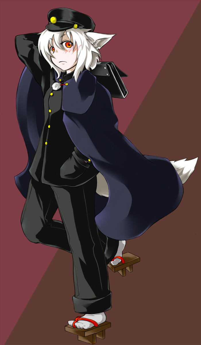 amagi xx, amaki someichi, inubashiri momiji, touhou, highres, 1girl, alternate costume, animal ears, female focus, gakuran, geta, school uniform, solo, tail, wolf ears, wolf tail