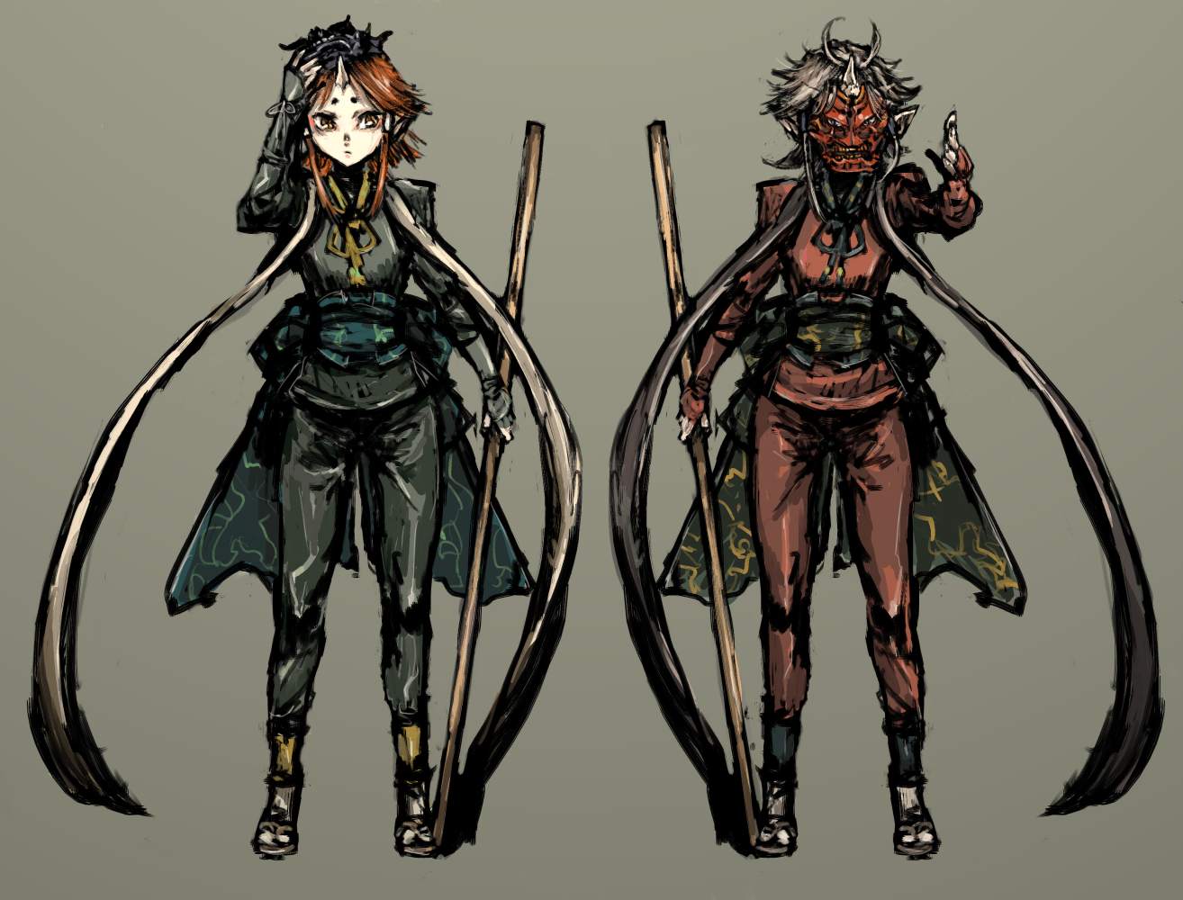 moto murabito, original, traditional media, demon, elf, japanese clothes, mask, orange hair, pointy ears, scarf, short hair, staff, white hair