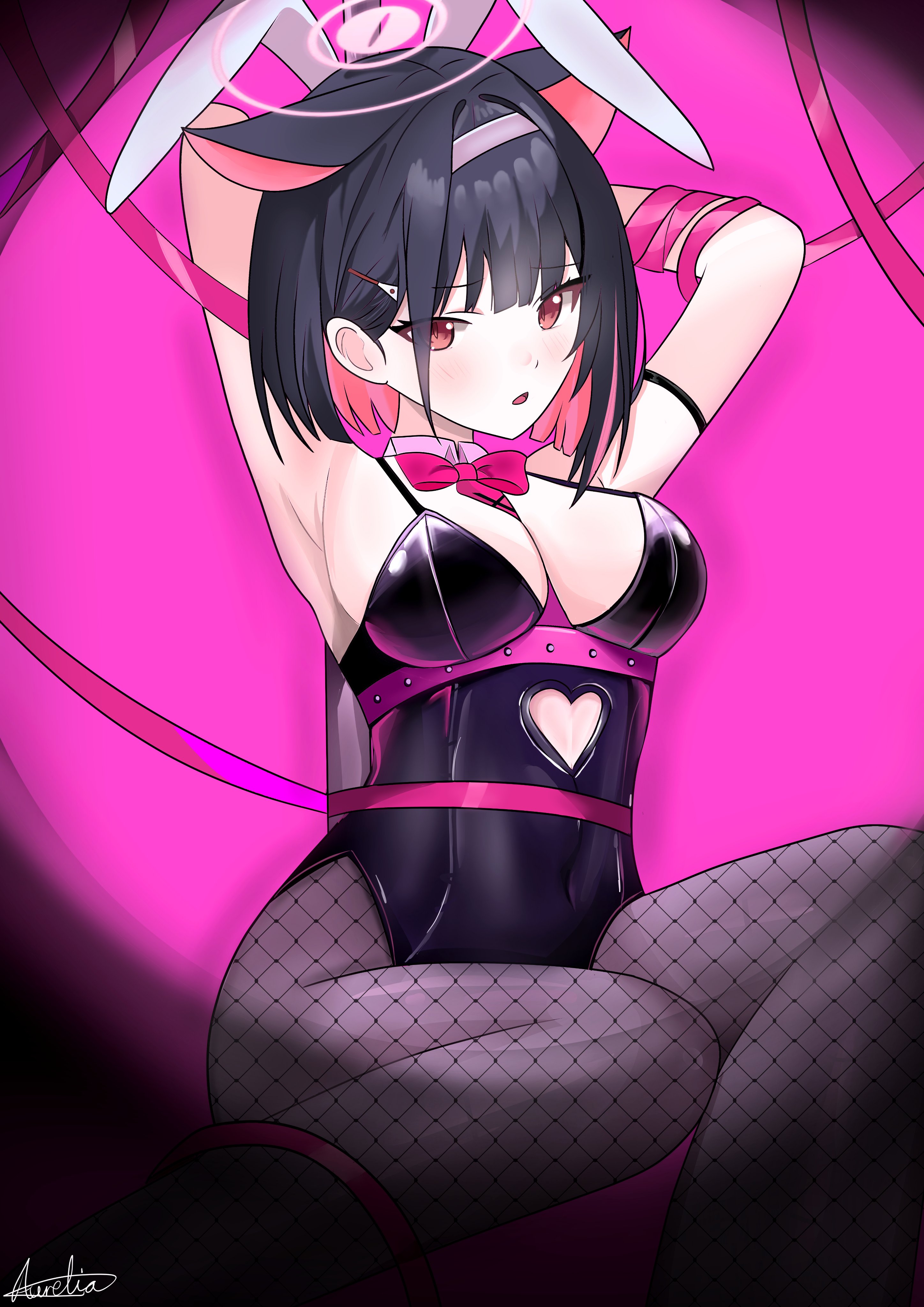 aurelia88, kazusa (blue archive), blue archive, rabbit hole (vocaloid), absurdres, commentary, english commentary, highres, 1girl, :o, alternate costume, animal ears, armpits, arms behind head, black hair, black leotard, black pantyhose, blunt bangs, blunt ends, blush, bob cut, bow, bowtie, breasts, cat ears, cat girl, cleavage, clothing cutout, colored inner animal ears, colored inner hair, covered navel, detached collar, extra ears, eyes visible through hair, fake animal ears, feet out of frame, fishnet pantyhose, fishnets, furrowed brow, hair behind ear, hair intakes, hair ornament, hairband, hairclip, halo, heart cutout, highleg, highleg leotard, large breasts, leotard, long ribbon, looking at viewer, multicolored hair, open mouth, pantyhose, pink background, pink bow, pink bowtie, pink hair, pink hairband, pink halo, pink ribbon, playboy bunny, pole, rabbit ears, red eyes, ribbon, signature, simple background, sitting, solo, stripper pole, tsurime, two-tone hair, vignetting