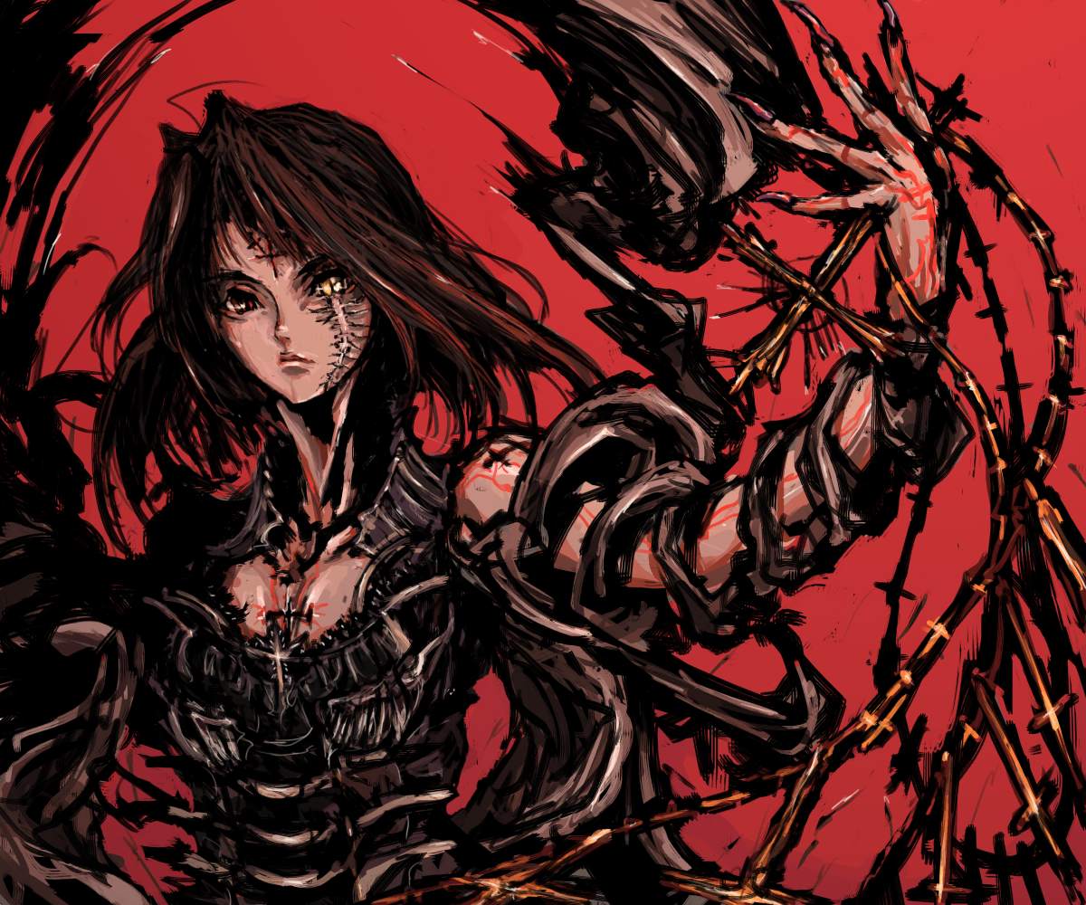 moto murabito, original, traditional media, armor, cross, red hair, scar, short hair, solo, yellow eyes