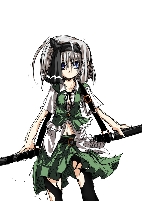 delusion overdose, matsuno canel, konpaku youmu, touhou, silver hair, 1girl, ahoge, belt, blue eyes, female focus, flat chest, hairband, navel, pantyhose, ribbon, sheath, sheathed, short hair, simple background, sketch, skirt, solo, standing, sword, torn clothes, torn pantyhose, vest, weapon