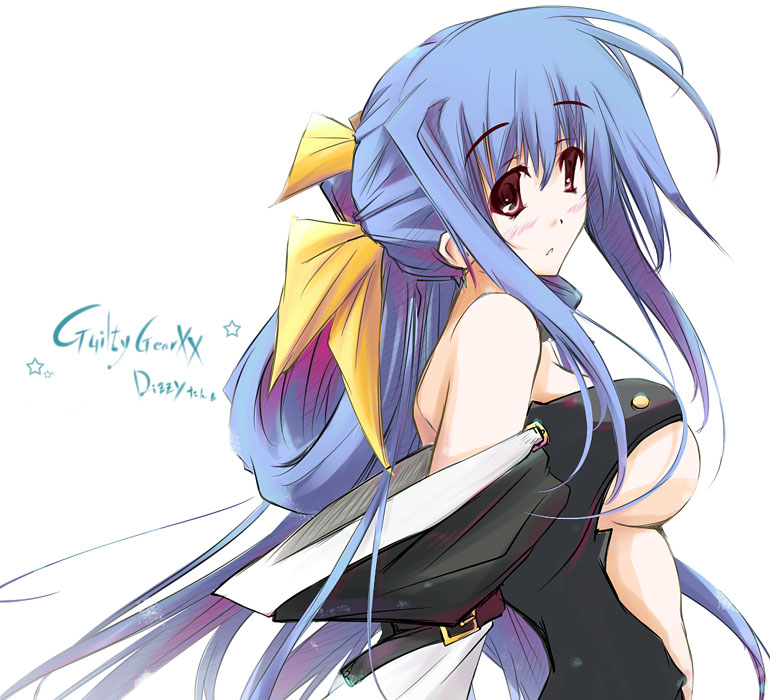 nt50, dizzy (guilty gear), arc system works, guilty gear, guilty gear x, guilty gear xx, 1girl, blue hair, bow, breasts, female focus, hair bow, large breasts, ribbon, solo, underboob